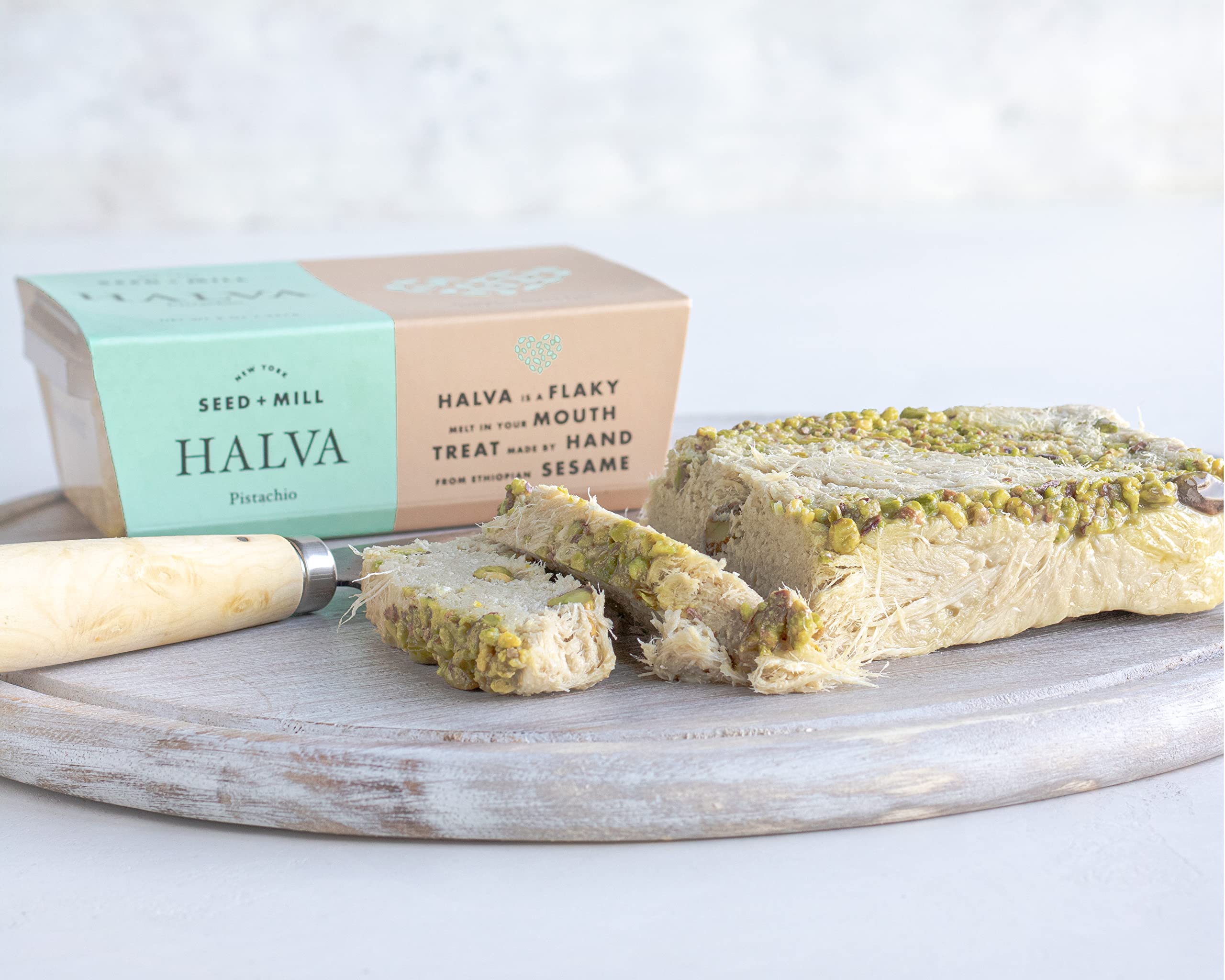Seed + Mill Pistachio Halva - Vegan, Kosher, Gluten-Free Sesame Candy | Soft Fudge-Like Middle Eastern Dessert | Perfect for Snacking, Gifts & Healthy Treats | 8 oz Pack