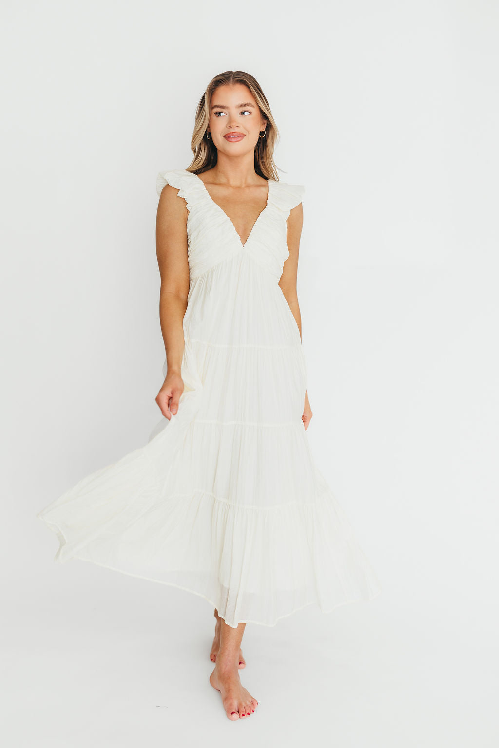 Katy Pleated Bodice Midi Dress in Cream - Bump Friendly Maternity Dress for Wedding, Baby Shower & Special Occasions