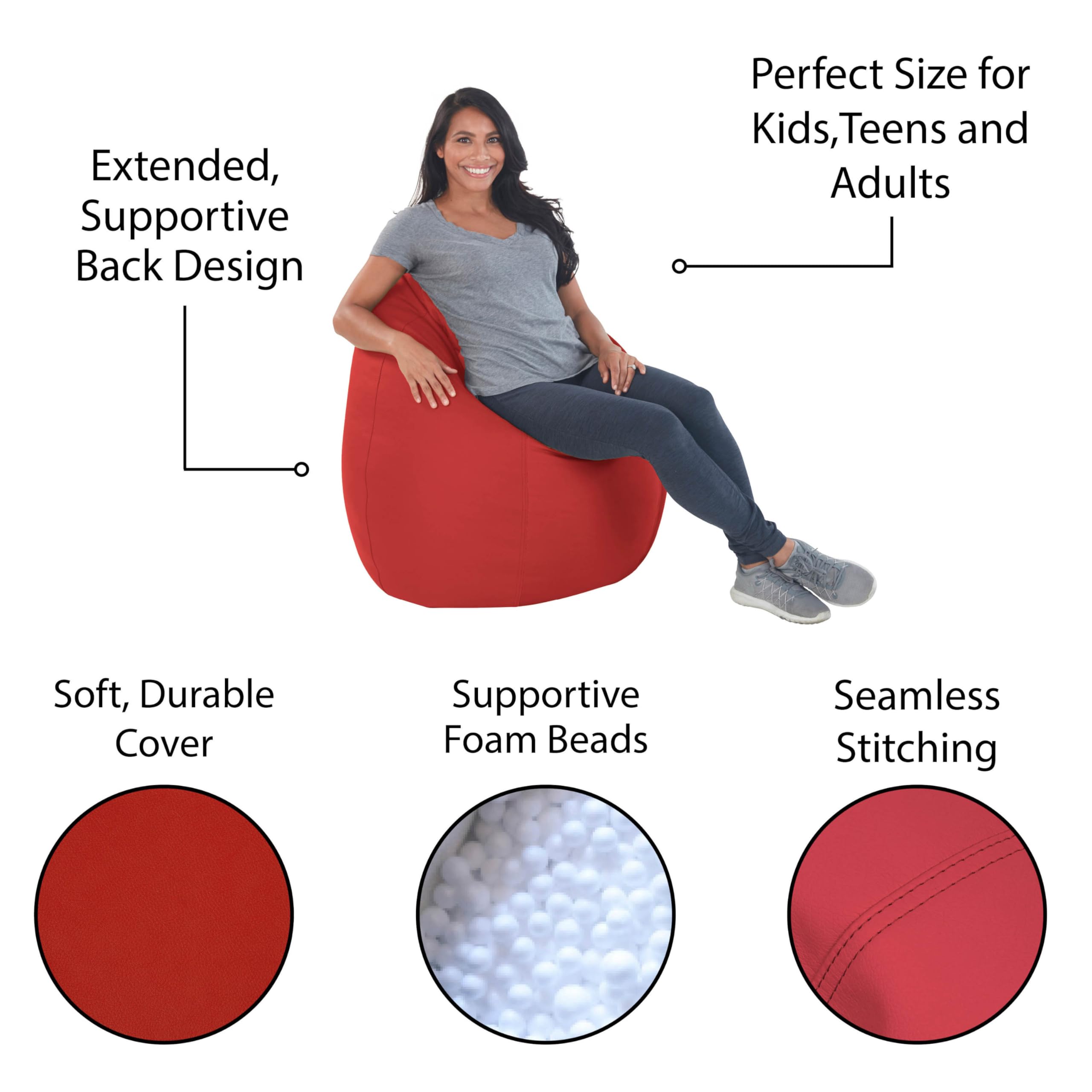 FDP Dew Drop Bean Bag Chair - High-Back Supportive & Comfortable Bean Bag for Adults & Kids - Flexible Seating for Bedroom, Dorm, Classroom & Gaming Room - Perfect for Relaxing, Reading & Video Games (Red)