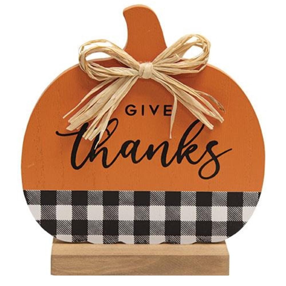 Give Thanks Buffalo Check & Orange Pumpkin Fall Decor - Thanksgiving Table Centerpiece, Autumn Home Decor, Seasonal Farmhouse Decorations