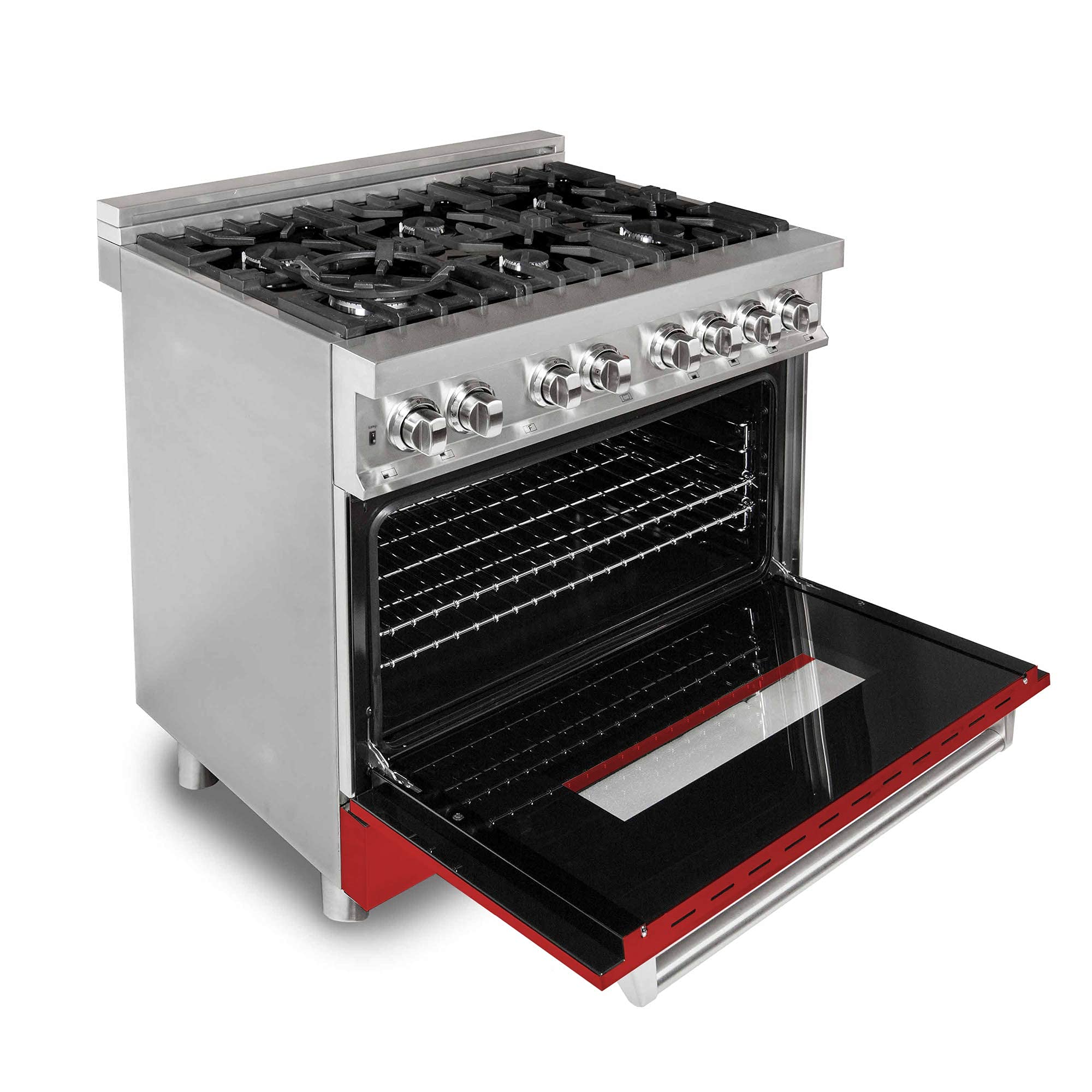 ZLINE 36-inch 4.6 cu.ft Stainless Steel Dual Fuel Range with 6-Burner Gas Cooktop & Electric Convection Oven - Red Matte Door (RA-RM-36) | Perfect for Professional Home Kitchens & Modern Cooking Enthusiasts