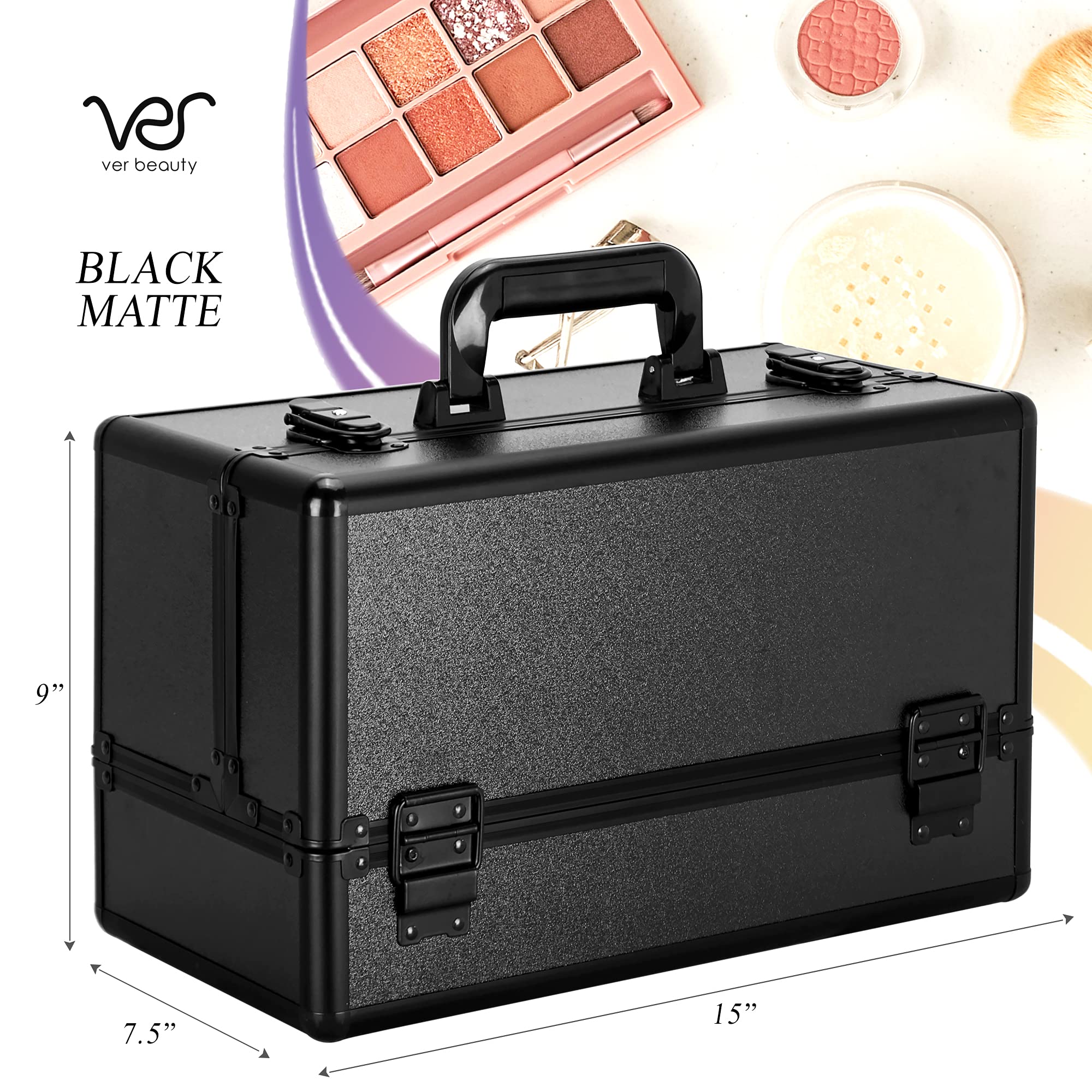 Ver Beauty Makeup Organizer - 6-Tier Lockable Cosmetic Storage Box with Aluminum Case | Professional Makeup Artist Supplies & Travel Vanity Kit | Lightweight Portable Makeup Train Case (Black) | Perfect for Salon, Home Use & On-the-Go Touchups