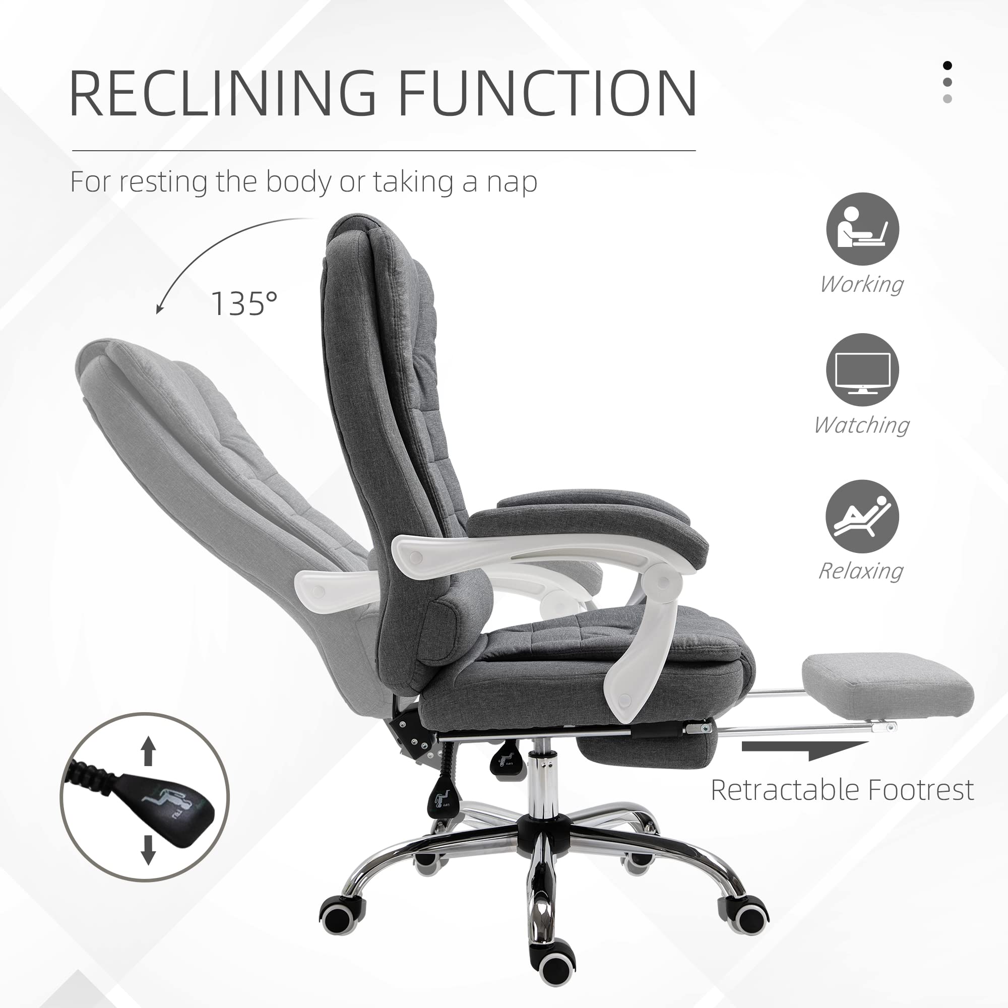 Vinsetto Ergonomic High-Back Executive Office Chair with Adjustable Footrest - Breathable Linen Fabric Computer Desk Chair with Padded Armrests - Gray - Perfect for Home Office, Gaming & Workspaces