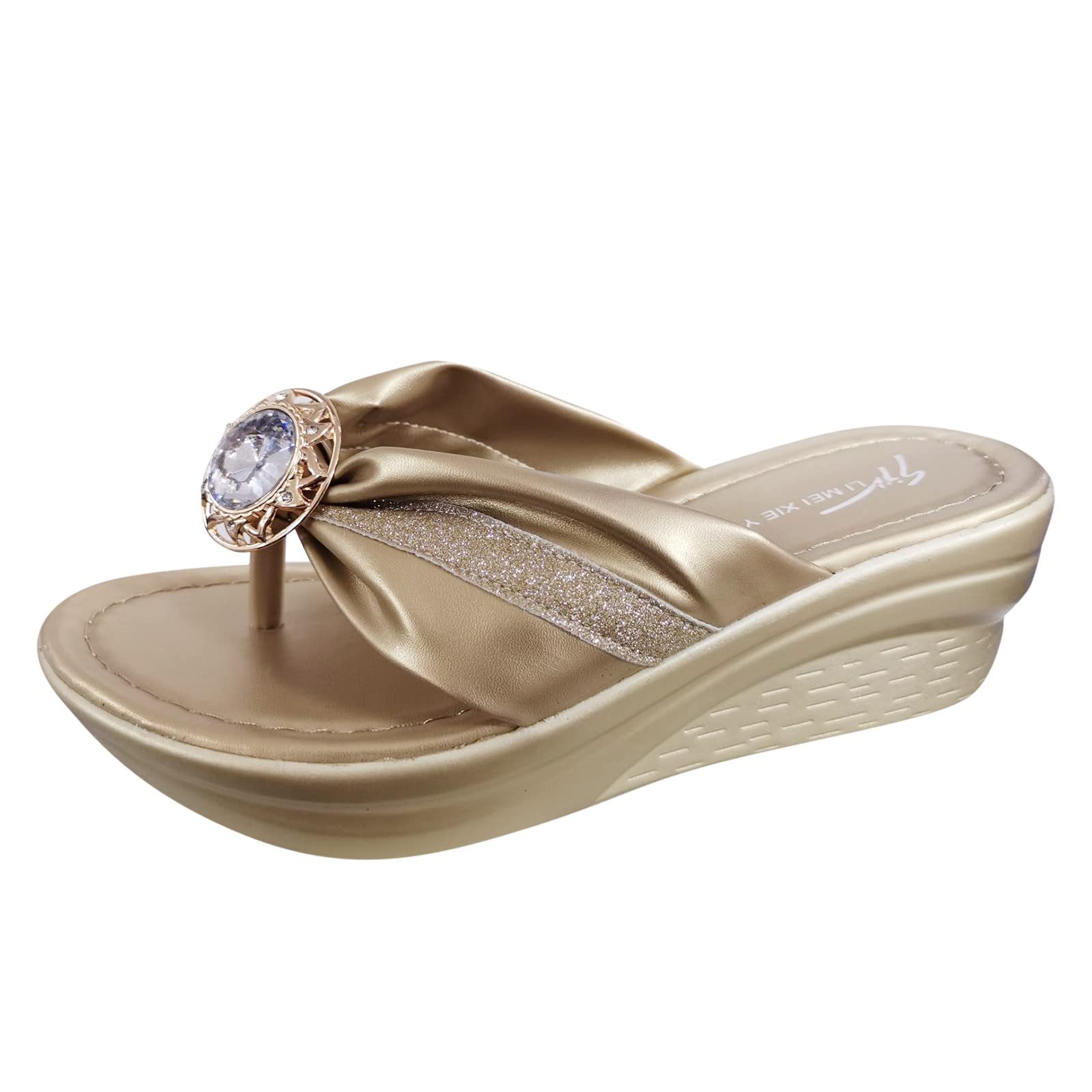 Women's Dressy Roman Flip Flop Sandals with Wedge Sole - Open Toe Slippers for Summer, Beach & Casual Outfits (Gold, Size 8.5) | Comfortable Thick-Soled Wedges for Women