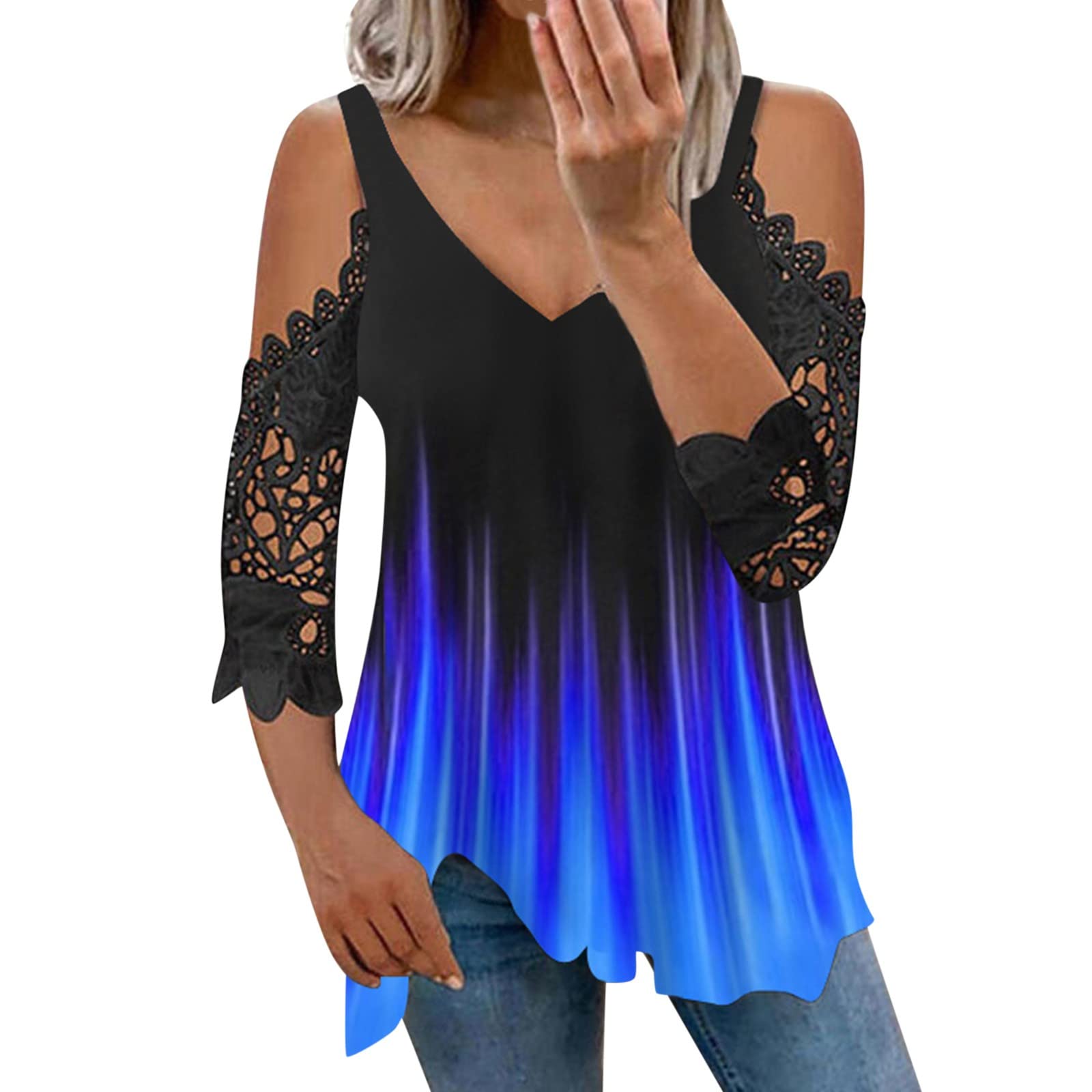 Sexy Lace Cold Shoulder Tops for Women - 3/4 Sleeve V Neck Zipper Pullover T-Shirt, Plus Size Summer & Spring Tunic Blouse | Perfect for Date Night, Club Outfits and Casual Wear