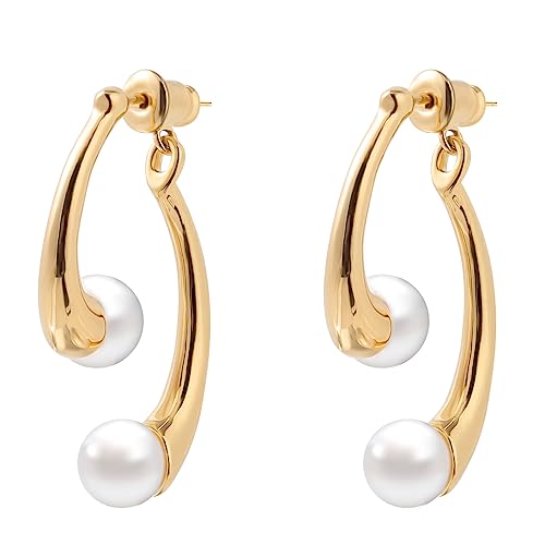 18K Gold Plated Pearl Hoop Drop Earrings with 925 Sterling Silver Post - Geometric Dangle Earrings for Women | Trendy Fashion Jewelry for Parties, Weddings & Everyday Wear