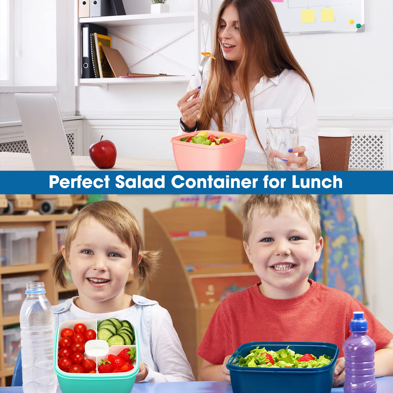 4-Piece Reusable Bento Box Set - 52oz Leak-Proof Salad Containers with 4 Compartments & Dressing Container | Stackable Lunch Box for Adults | Perfect for Meal Prep, Office Lunch, Picnics & Healthy Snacks (Blue, Green, Pink)