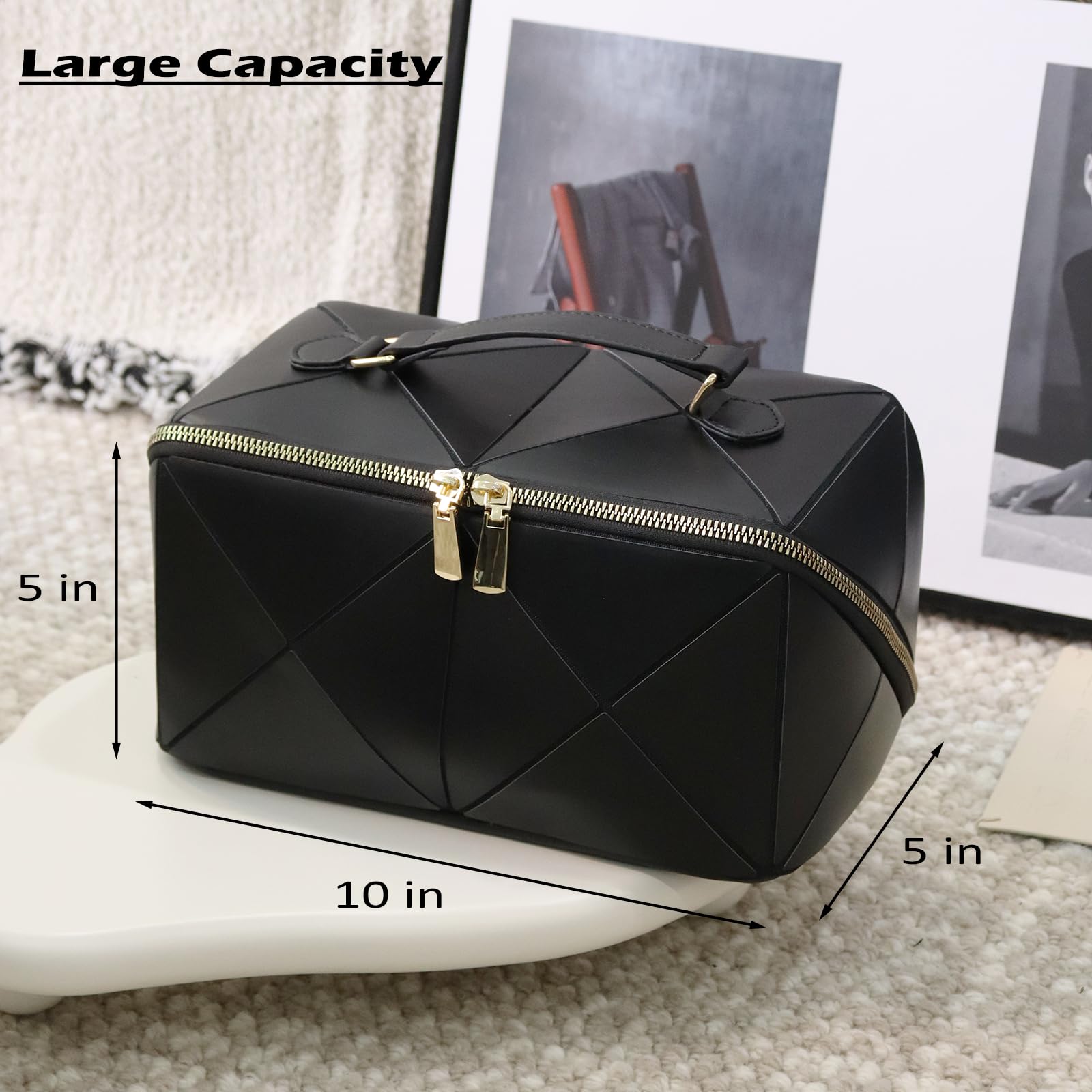 IMCUZUR Large Travel Makeup Bag for Women - Waterproof Cosmetic Organizer with Handle, Portable Flat Open Toiletry Bag for Skincare & Beauty Essentials (Black) - Perfect for Vacation, Gym & Daily Use