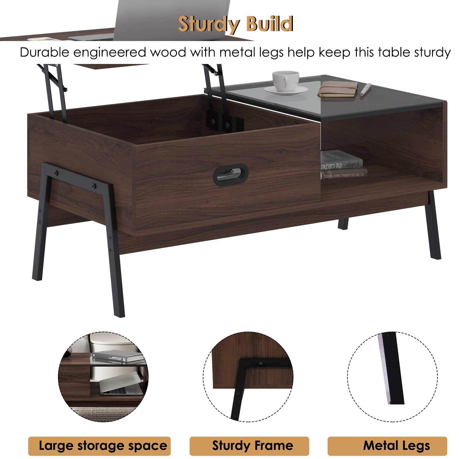 Soges Lift Top Coffee Table with Storage - Rustic Brown Wooden Raisable Coffee Table for Living Room, Sofa, and Lounge - Perfect for Small Spaces and Home Decor