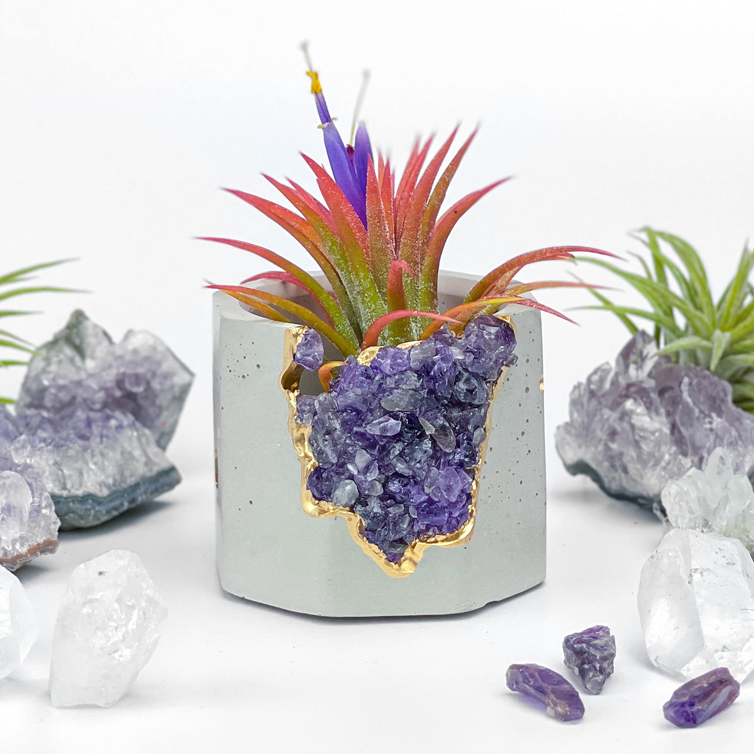 Geode Planter - Unique Air Plant Holder with Raw Amethyst Crystal | Mini Succulent Pot in Purple & Gold | Small Cactus Planter & Healing Crystal Candle Holder for Home Decor, Office Desk, Meditation Space & Gift Ideas