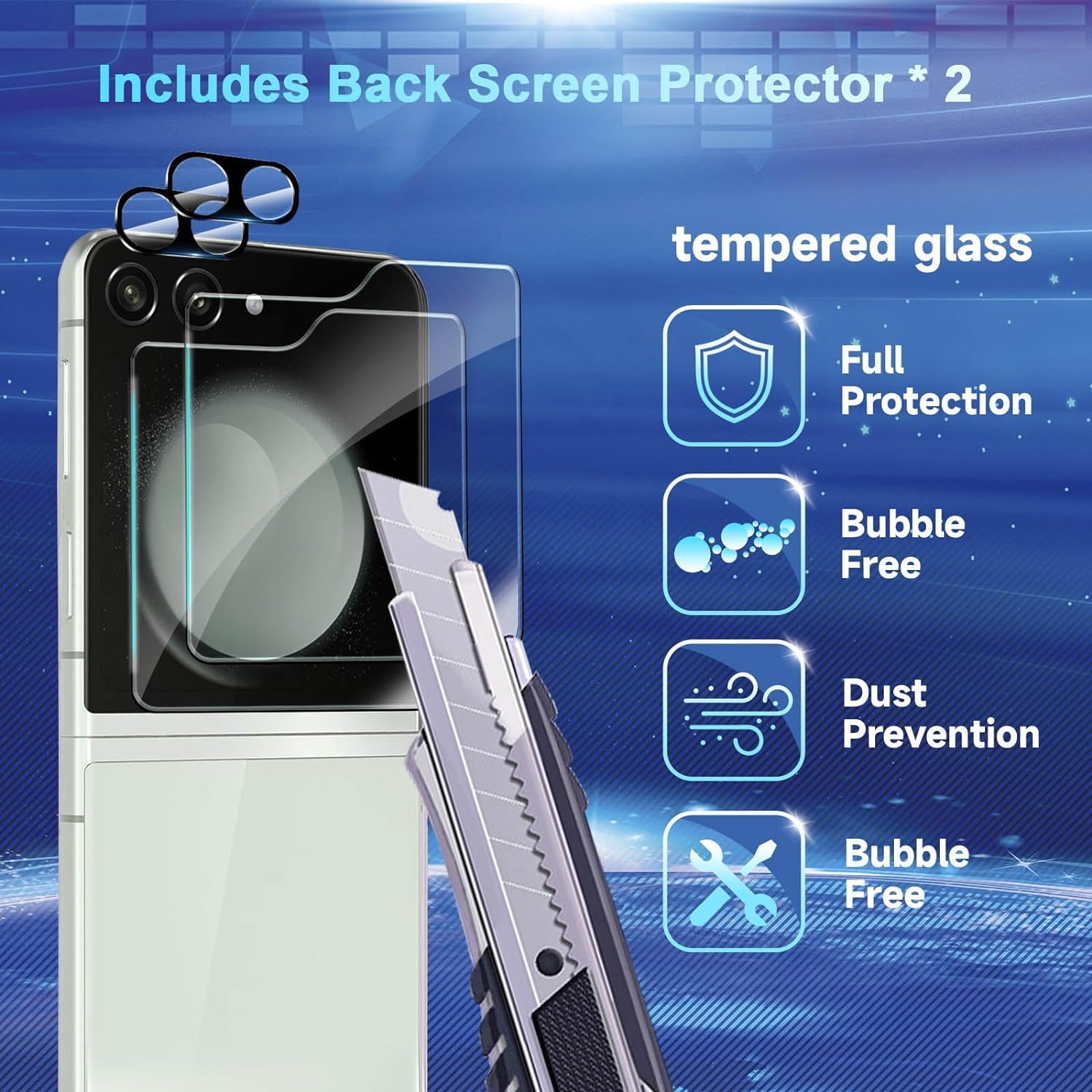 2-Pack 6-Piece Samsung Galaxy Z Flip 5 Screen Protector Set - Front TPU Film + Back Tempered Glass + Camera Lens Protector - HD Clear, Bubble-Free for Galaxy Z Flip 5G - Perfect for Daily Protection & Scratch Prevention