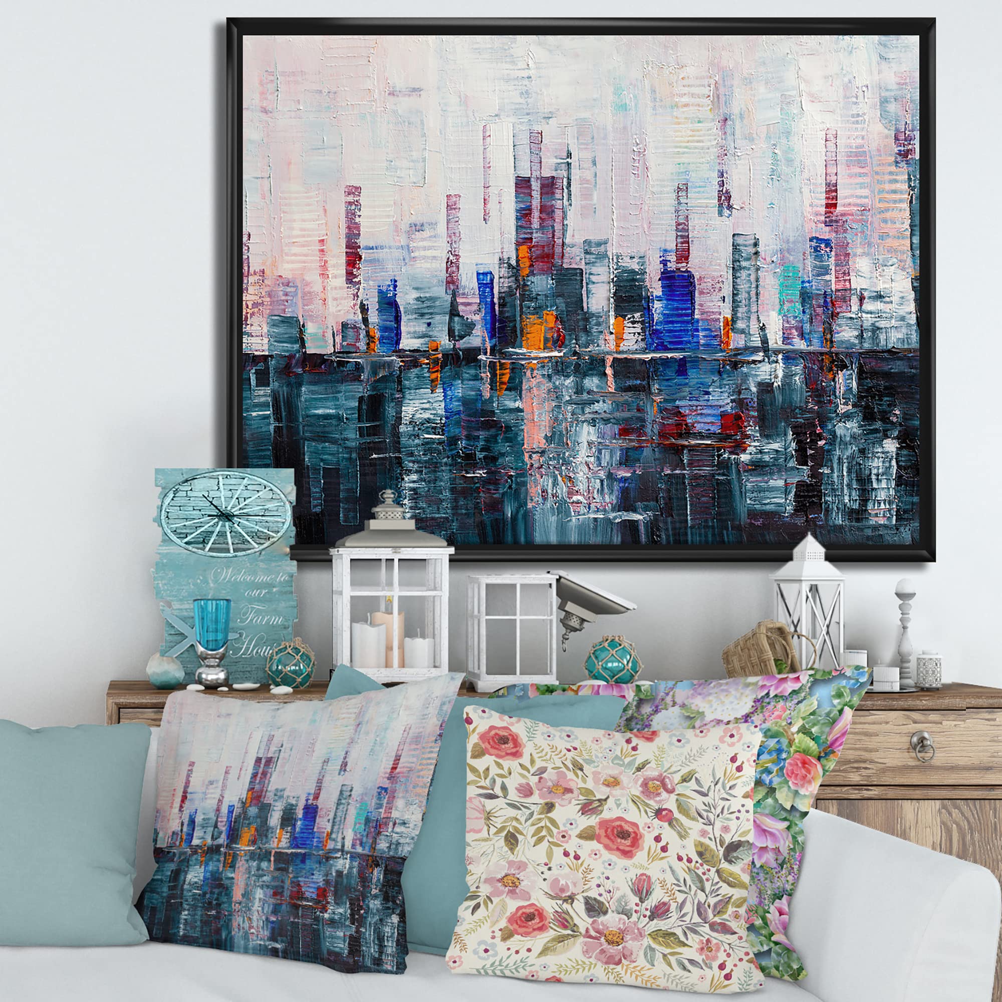 DesignQ Modern Abstract City Skyline Framed Canvas Wall Art Print - Urban Office & Home Decor for Living Room, Bedroom, or Office