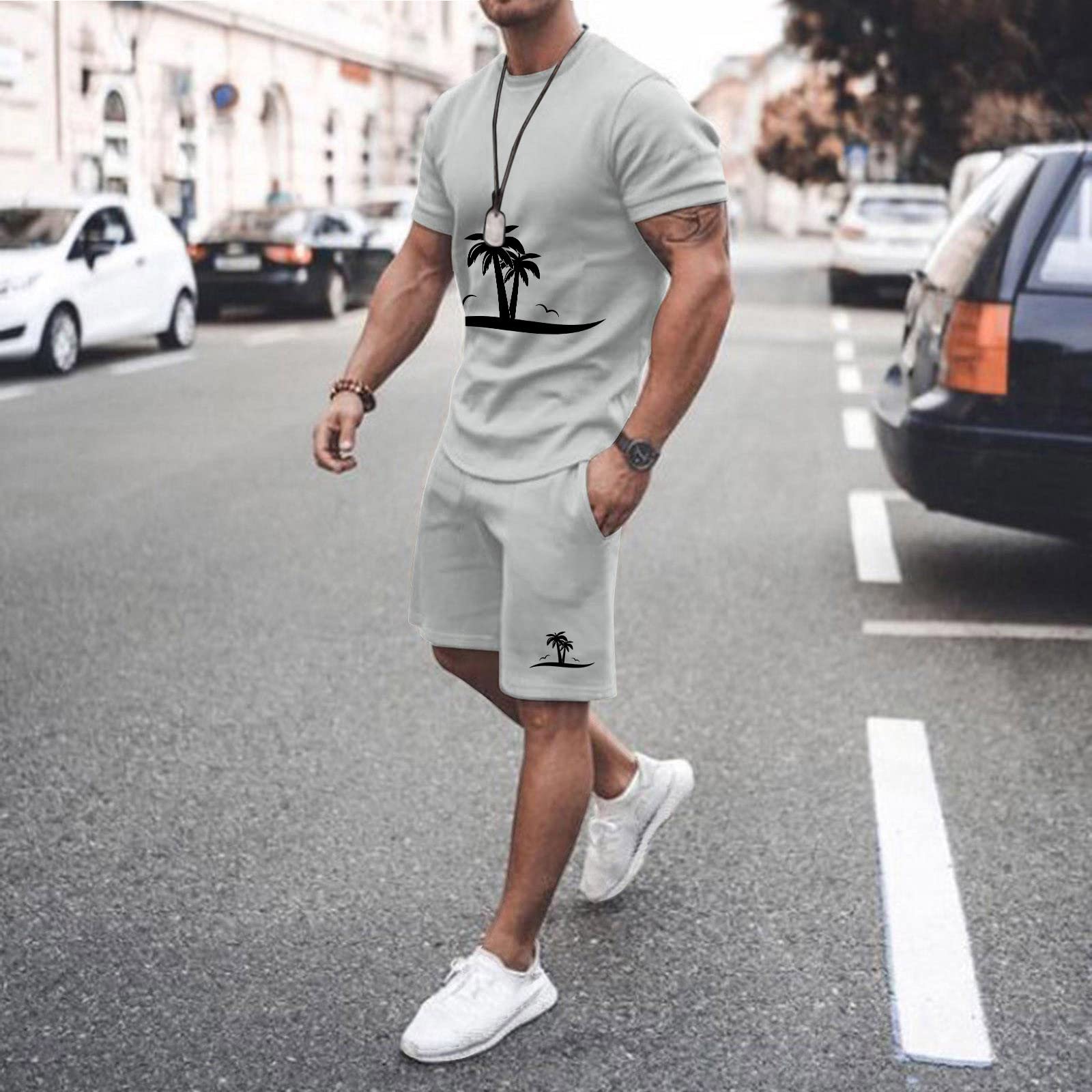 Men's Summer Beach Outfit - STRY Short Sleeve Printed Shirt & Sweat Pants Suit with Pockets | Casual Wear, Vacation Style, Lounge Comfort
