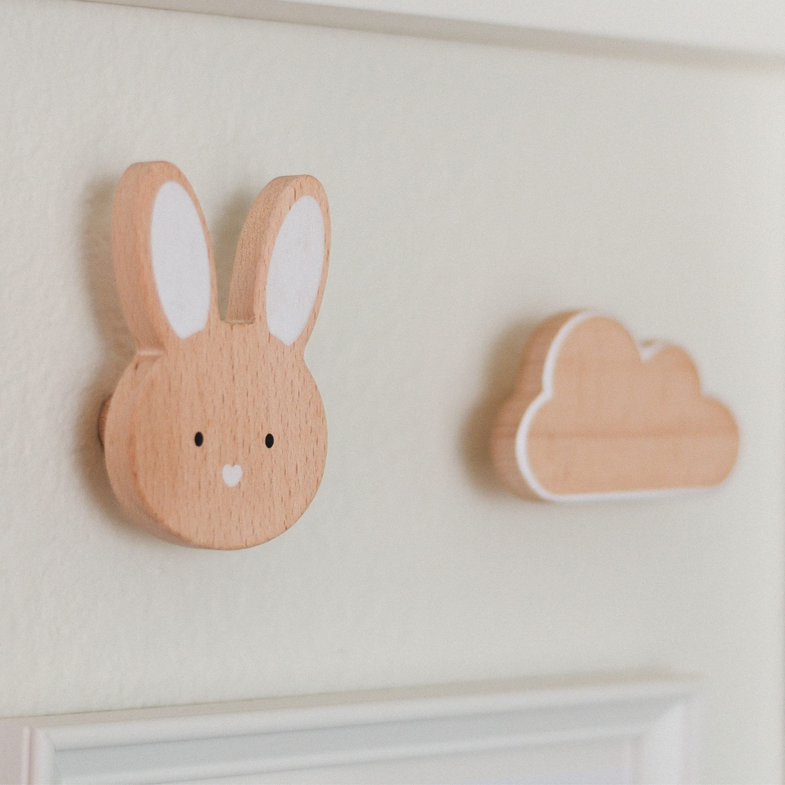 Wooden Wall Hooks for Kids Room Decor - Sturdy Metal Screw Hooks for Coats, Backpacks & Towels - Nursery, Bedroom & Bathroom Organization - Classic Cloud Design - Easy Installation