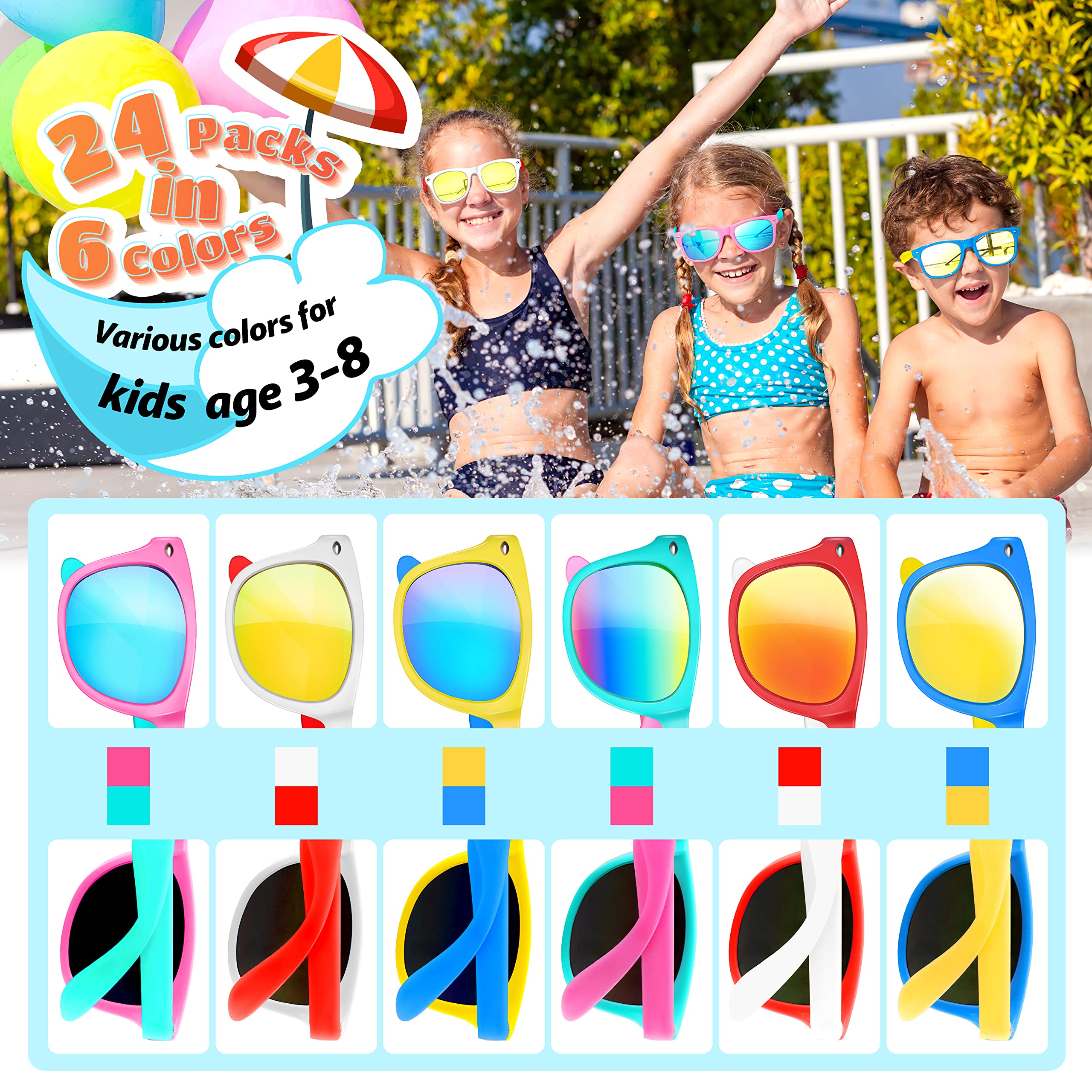24 Pack Kids Sunglasses Bulk - UV Protection Sunglasses for Boys & Girls Ages 3-8 | Party Favors, Beach Pool Accessories, Easter Basket Stuffers & Goody Bag Fillers | Perfect for Birthday Parties, Summer Outings & Outdoor Activities