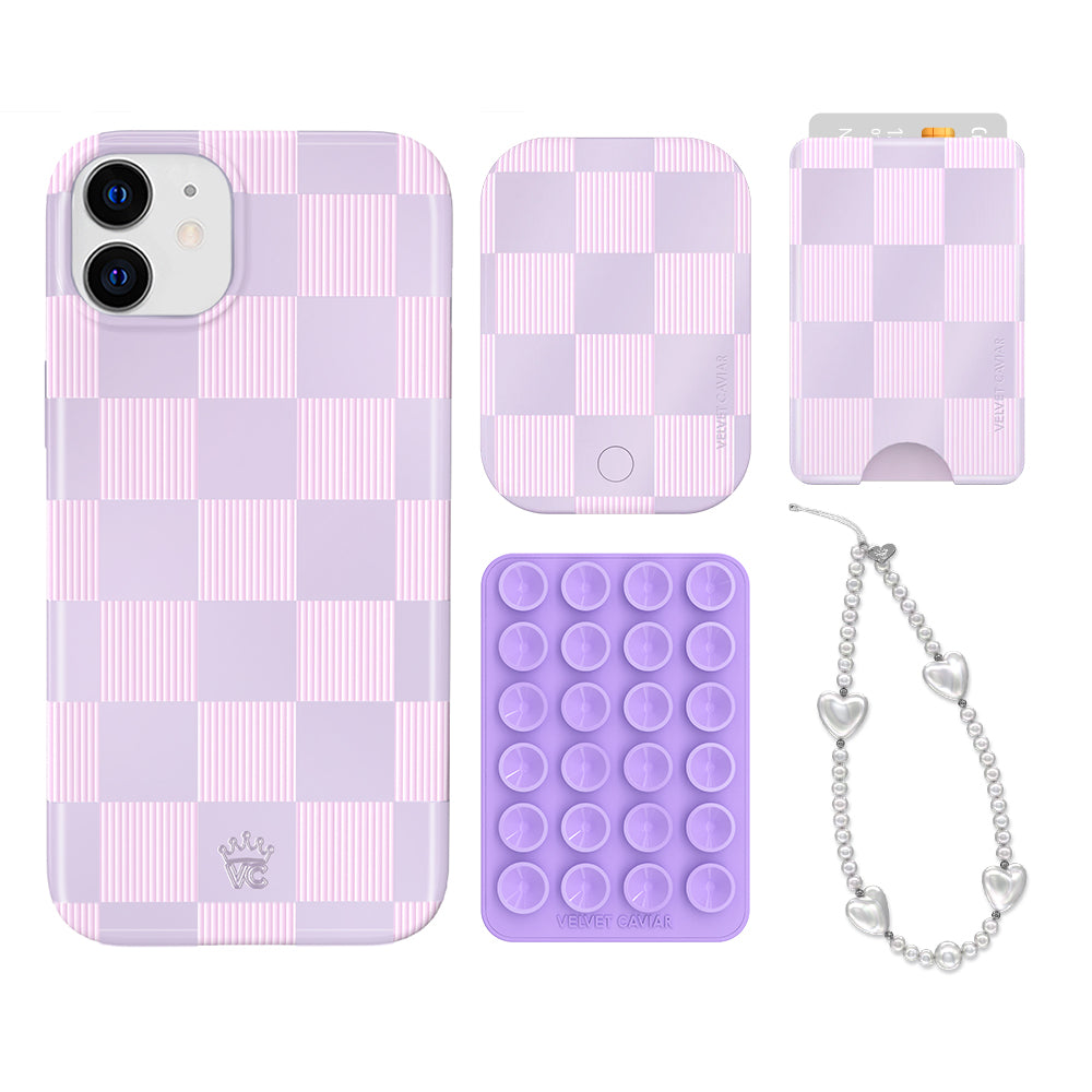 Lilac Vibe Checkered iPhone Case with Wallet - Trendy Protective Phone Cover for iPhone 13/14/15 Pro Max - Perfect for Everyday Use, Travel & Shopping