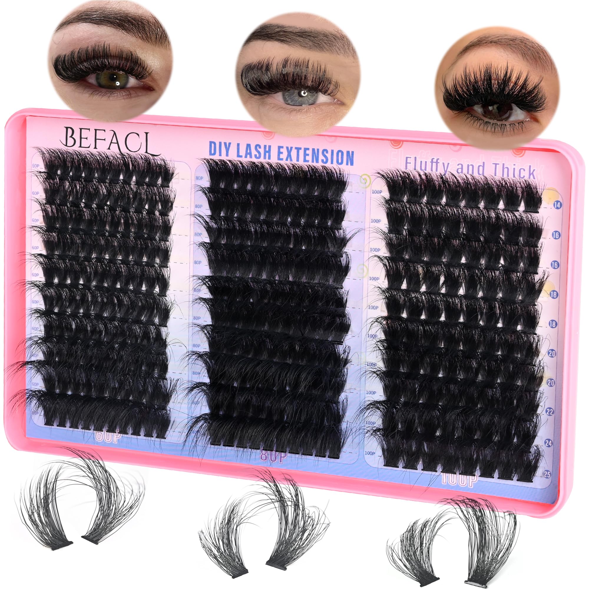Fluffy Individual Lash Clusters - 280pcs DIY Eyelash Extensions (60P+80P+100P) in Matte Black, D Curl 14-25mm for Natural Volume - Perfect for Home Use, Parties & Special Occasions