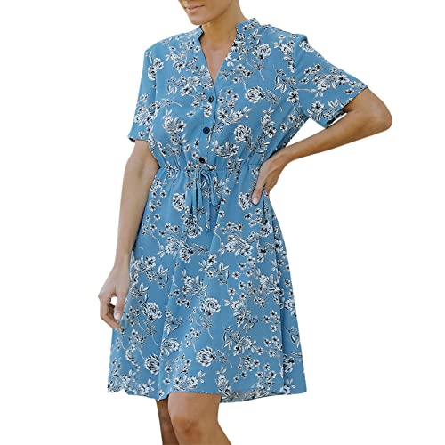 Women's Summer Casual V-Neck Button-Up Floral Print Short Sleeve Boho A-Line Flowy Dress - Blue Size S | Perfect for Beach Vacations, Outdoor Parties & Summer Date Nights