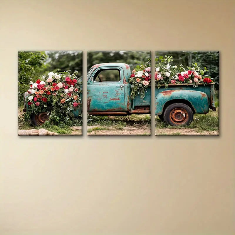 3-Piece Flowers on Mysterious Car Metal Wall Art - Ready to Hang Canvas Painting for Living Room, Bedroom & Office Decor