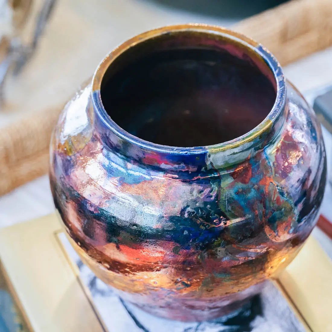 XL #43 Raku Decorative Pot in Sepia, Copper & Cobalt Glazes - Creative Collection (Seconds) | Handcrafted Ceramic Planter for Indoor/Outdoor Plants, Home & Garden Decor