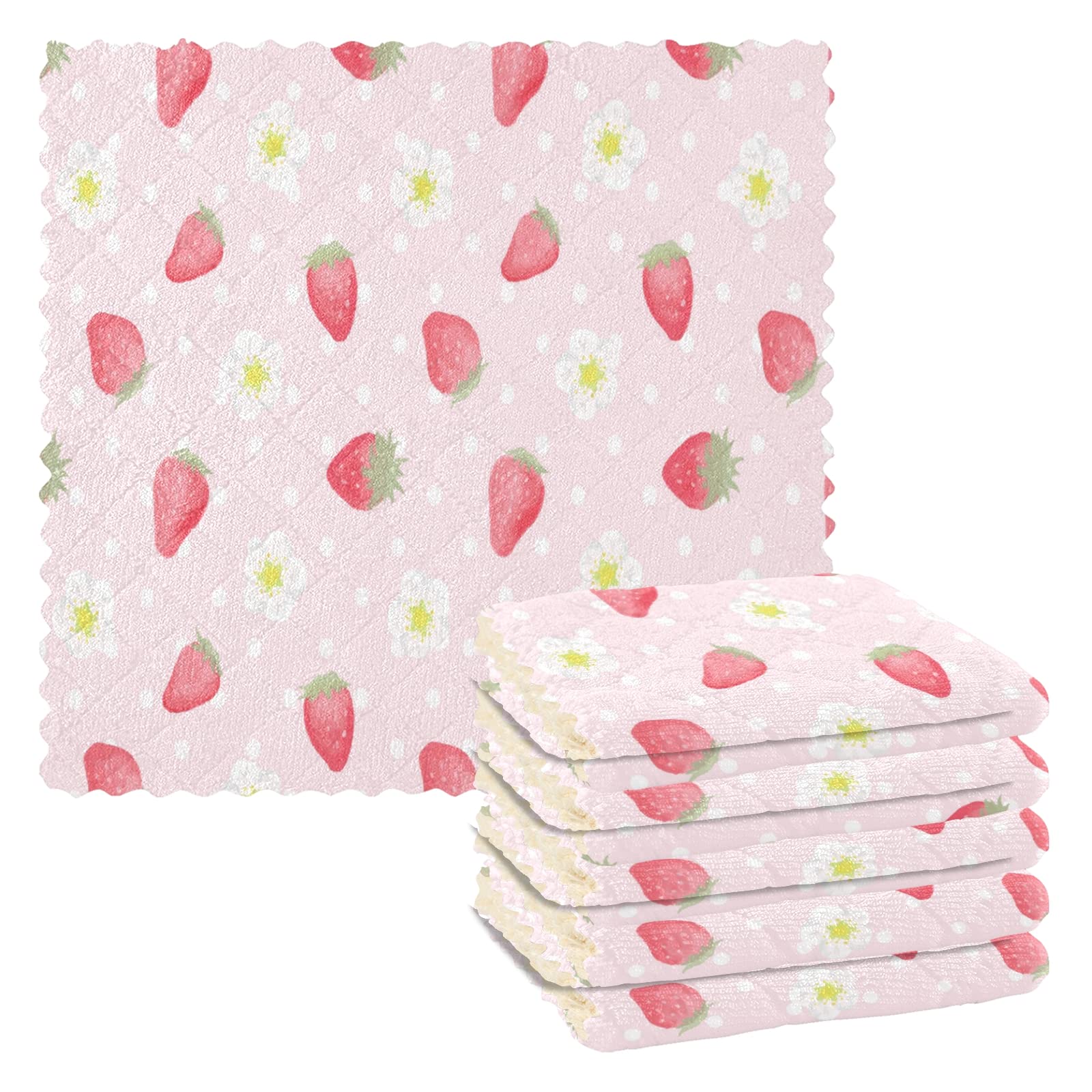 6 Pack Strawberry Dish Towels - 11x11 Inch Kitchen Cleaning Cloths for Dishes & Counter
