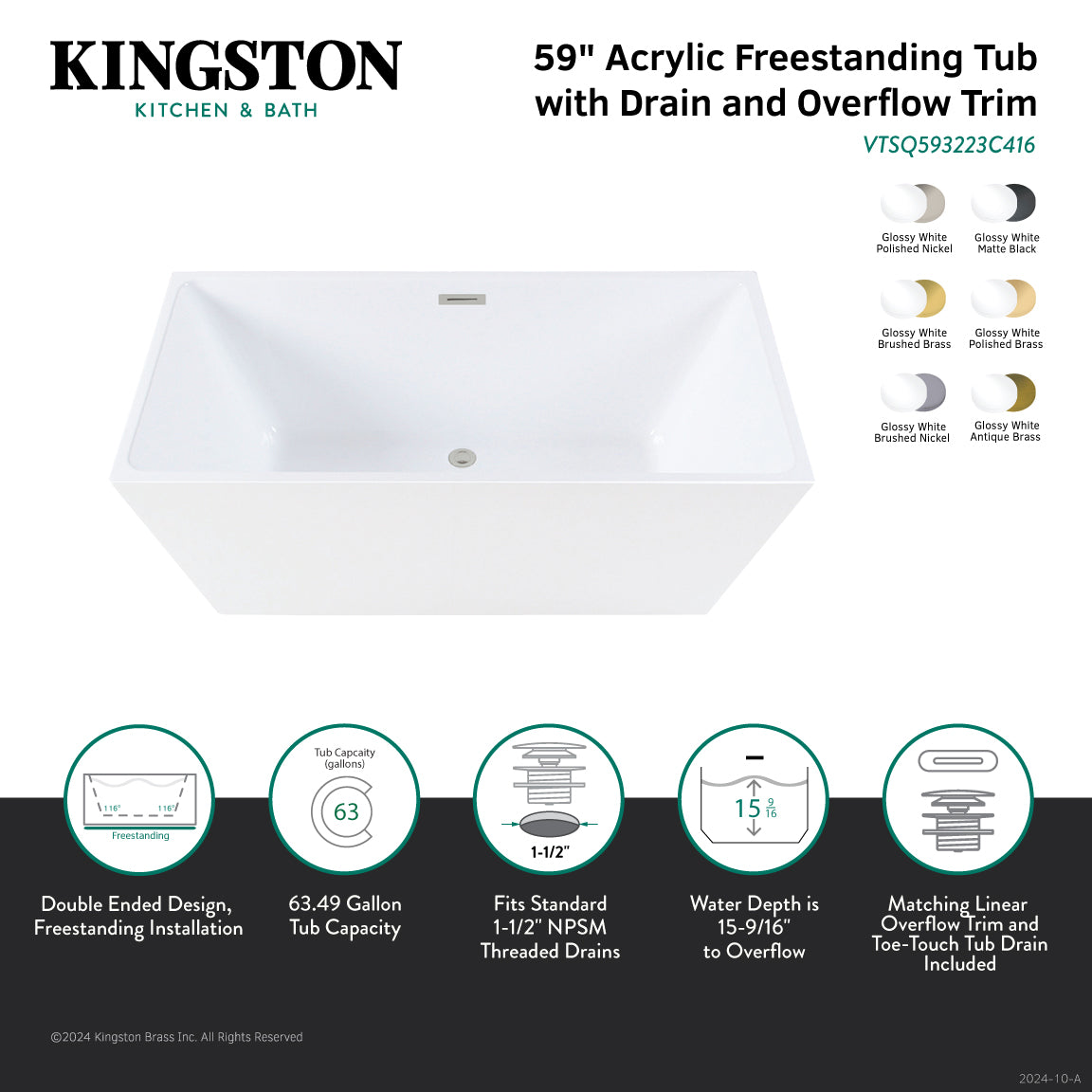 Aqua Eden 59-Inch Acrylic Freestanding Bathtub - White Glossy Finish with Polished Nickel Drain - Double Ended Rectangular Soaking Tub for Luxury Bathroom & Spa Relaxation at Home