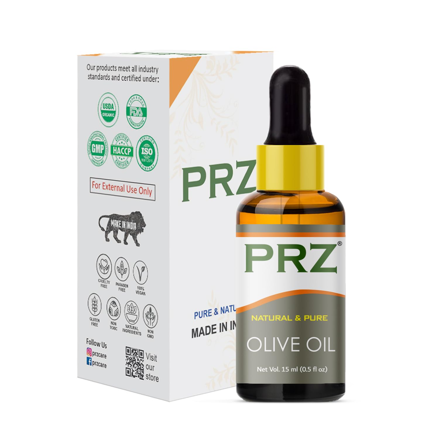 PRZ Extra Virgin Olive Cold Pressed Carrier Oil - 100% Pure Natural Therapeutic Grade for Aromatherapy, Body Massage, Skin & Hair Care (15ml) | Perfect for DIY Beauty Recipes, Relaxation & Spa Treatments