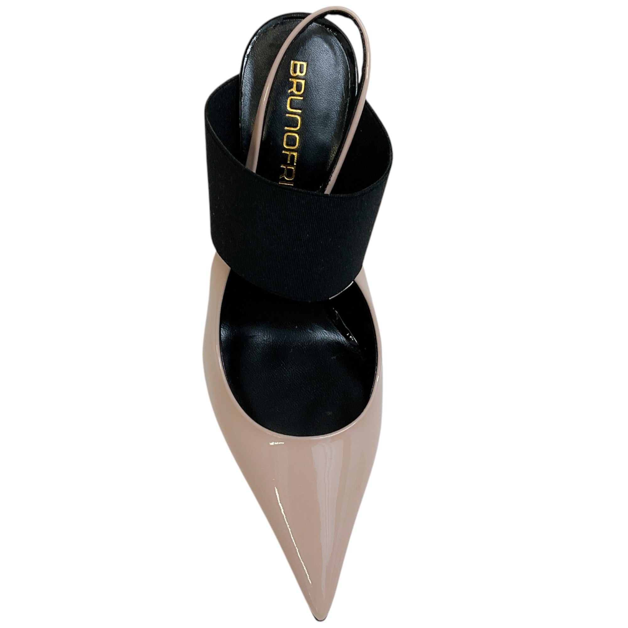 Bruno Frisoni Nude Patent & Black Pointy Toe Tonic Slingback Pumps - Elegant High Heels for Women, Perfect for Office, Party & Special Occasions