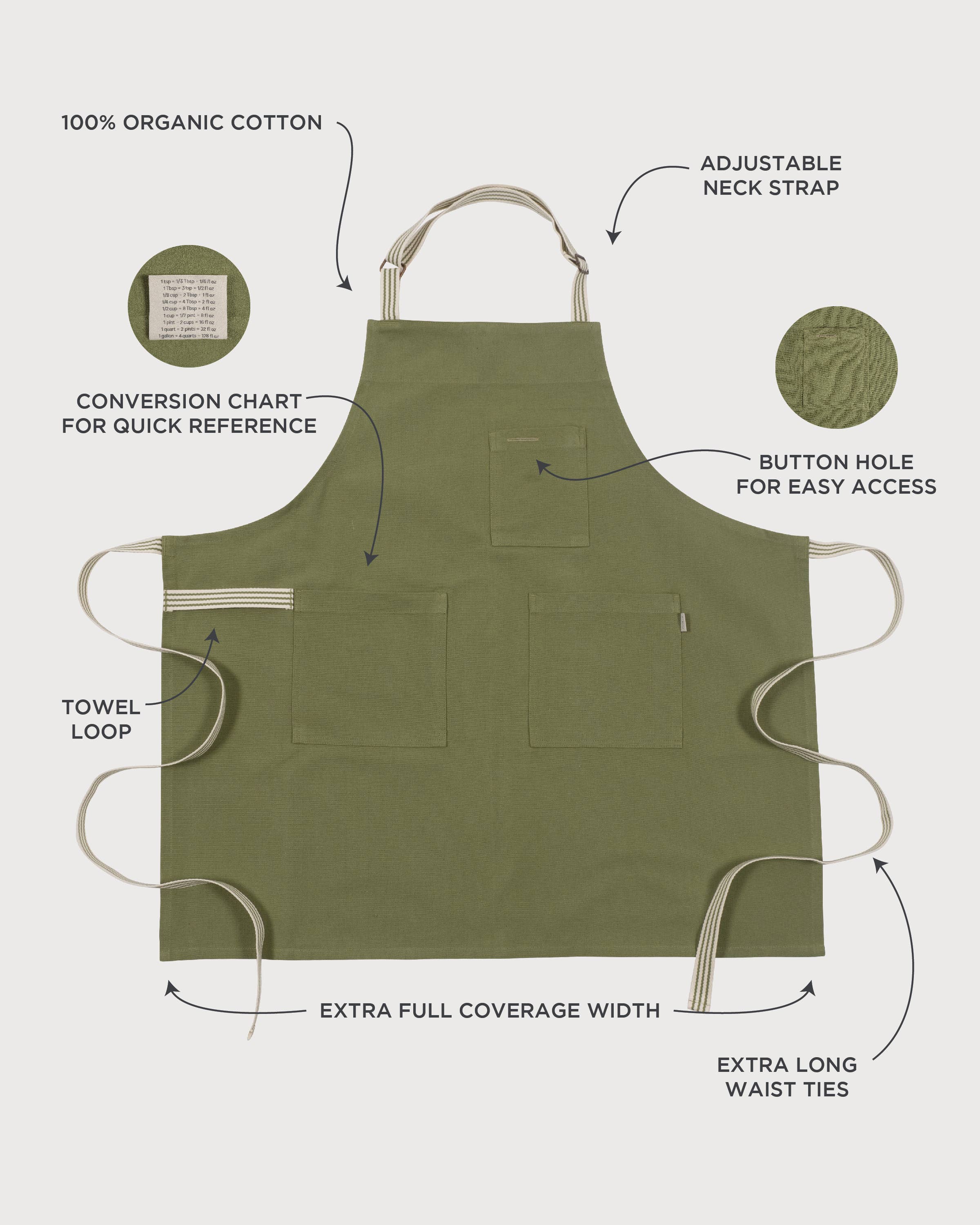 KAF Home Rooted Sustainable Chef's Apron - 32 x 30 Inches - Eco-Friendly Kitchen Apron for Cooking, Baking & Grilling - Perfect for Chefs, Home Cooks & BBQ Enthusiasts