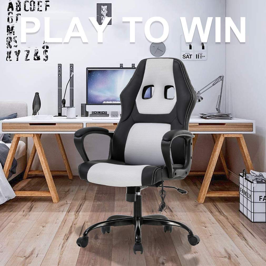 Ergonomic High Back Office Gaming Chair with Lumbar Support & Massage - PU Leather Executive Desk Chair with Adjustable Armrests & Swivel Base for Home Office, Computer Work & Gaming - White