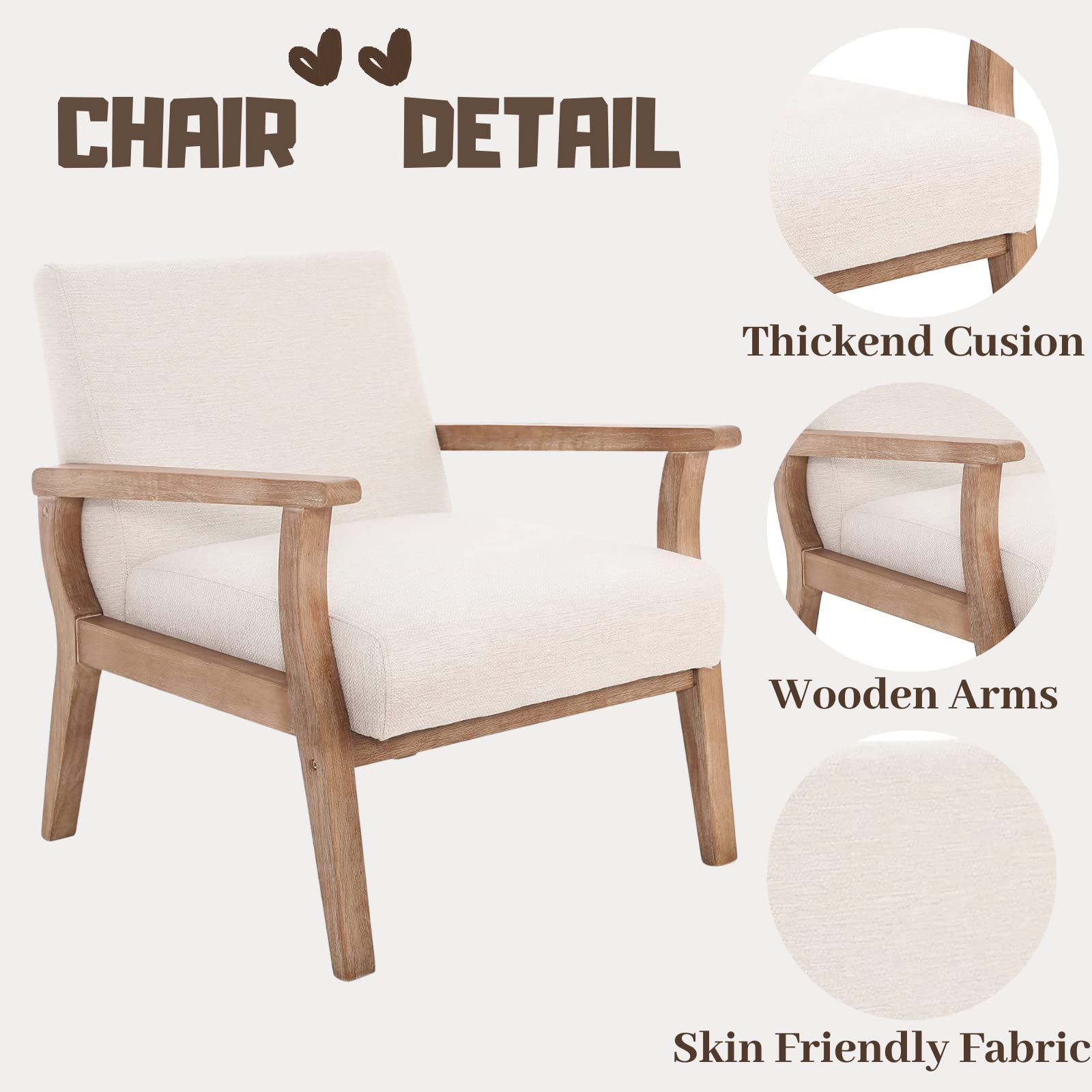 Mid Century Modern Beige Accent Chair - Solid Wood Armchair with Linen Upholstery, Comfortable Sitting Chair for Living Room, Bedroom, Office - Cream Home Decor for Relaxation & Reading Nook
