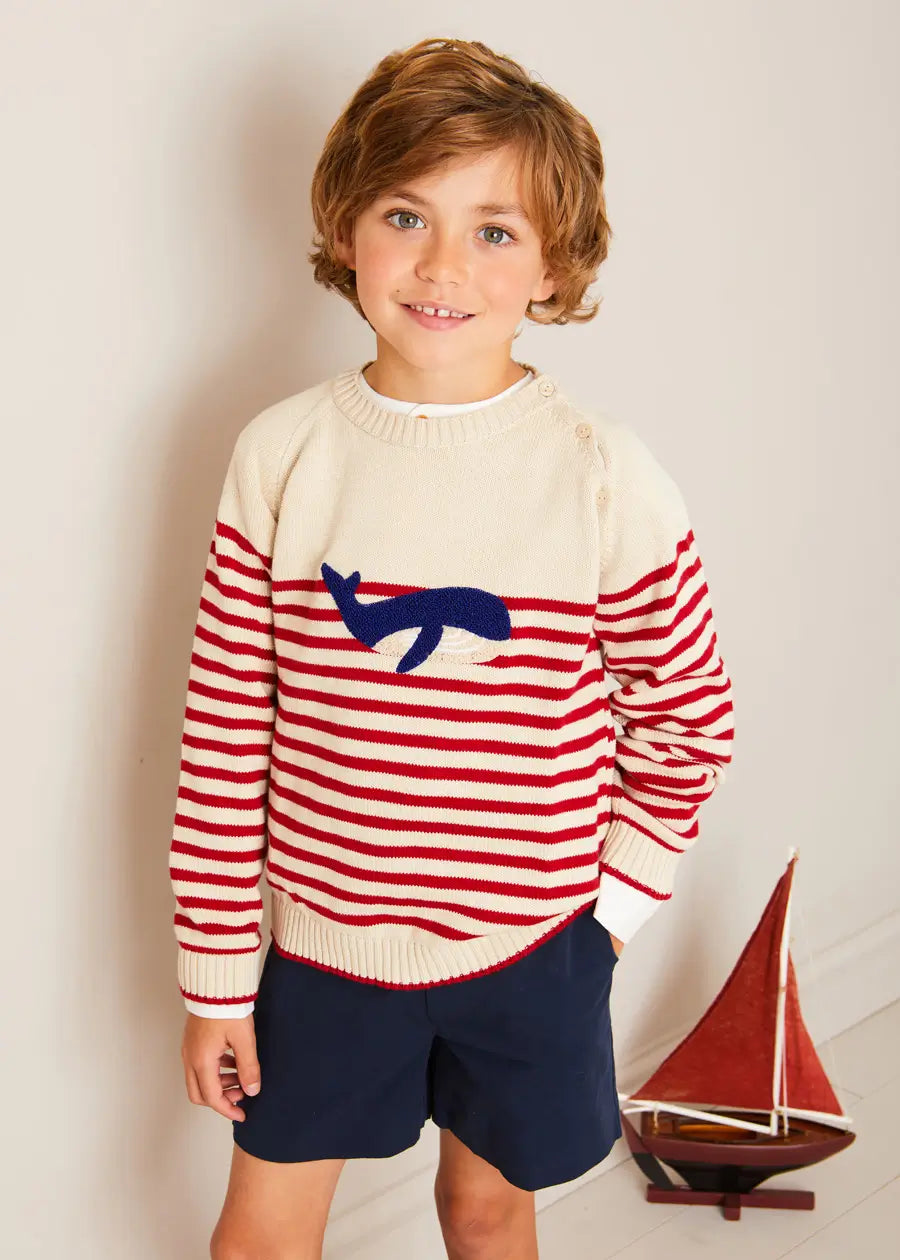 Whale Intarsia Striped Knit Jumper for Kids (6 Months to 6 Years) - Cozy Red Sweater for Playdates & Family Photos