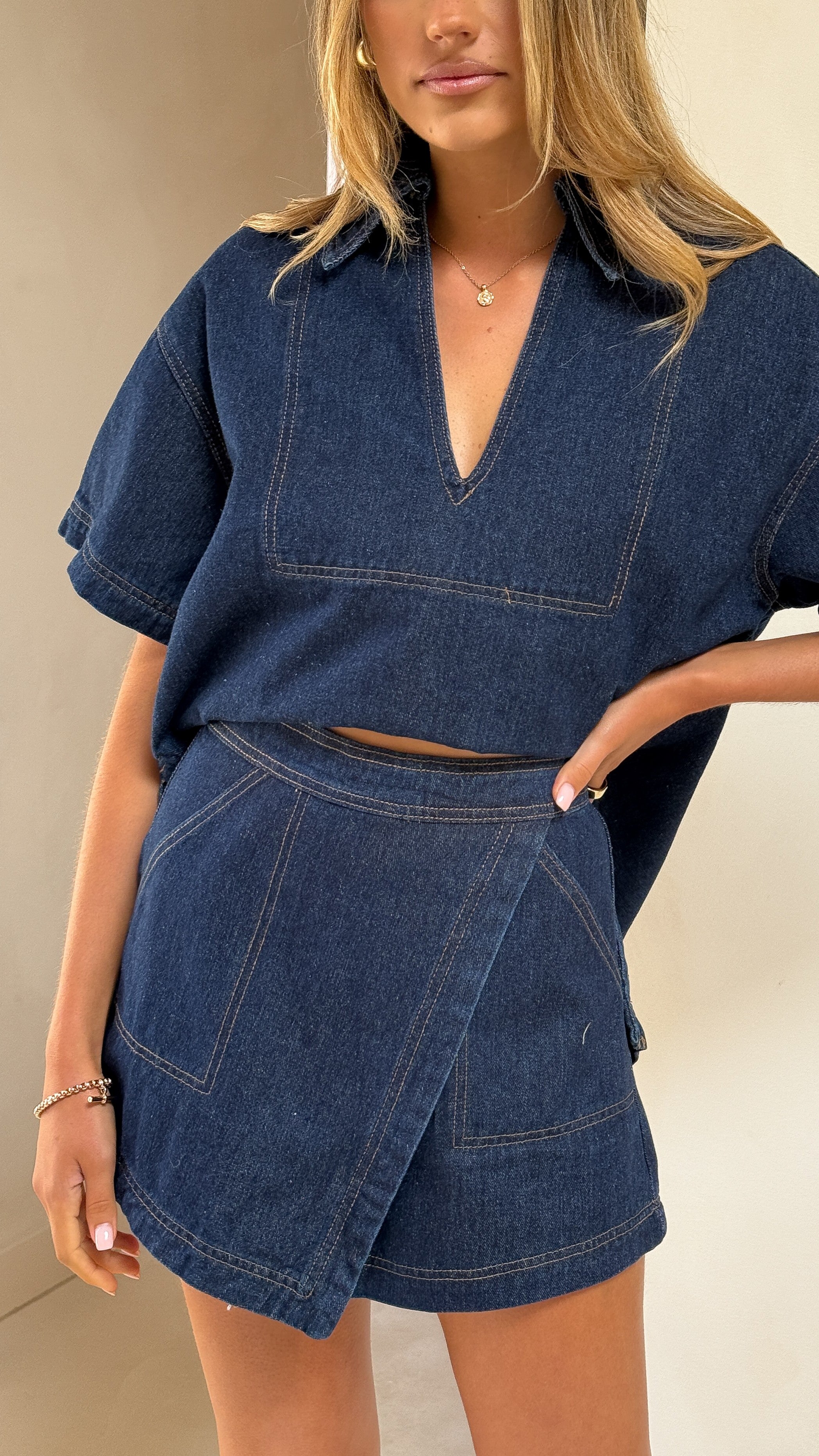 Alaina Oversized Denim Shirt for Women - Indigo Blue Distressed Long Sleeve Button Down Top | Casual Wear, Street Style & Layering Outfits