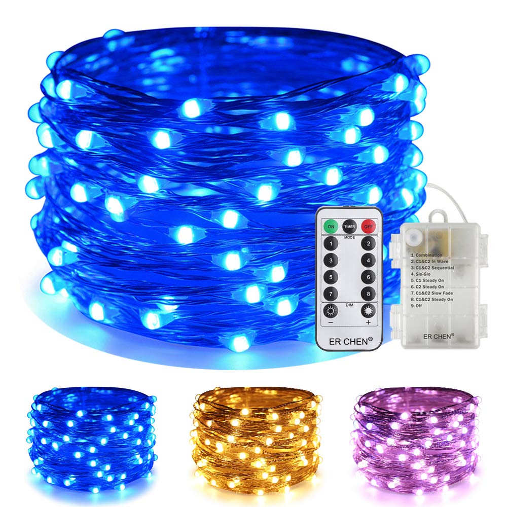 ER CHEN 33ft 100 LED Color Changing Fairy Lights with Remote - 8 Lighting Modes, Battery Operated Twinkle String Lights for Bedroom Decor, Wedding, Party, Patio (Warm White & Blue) | Perfect for Holiday Decorations, Romantic Ambiance, and Outdoor Lighting