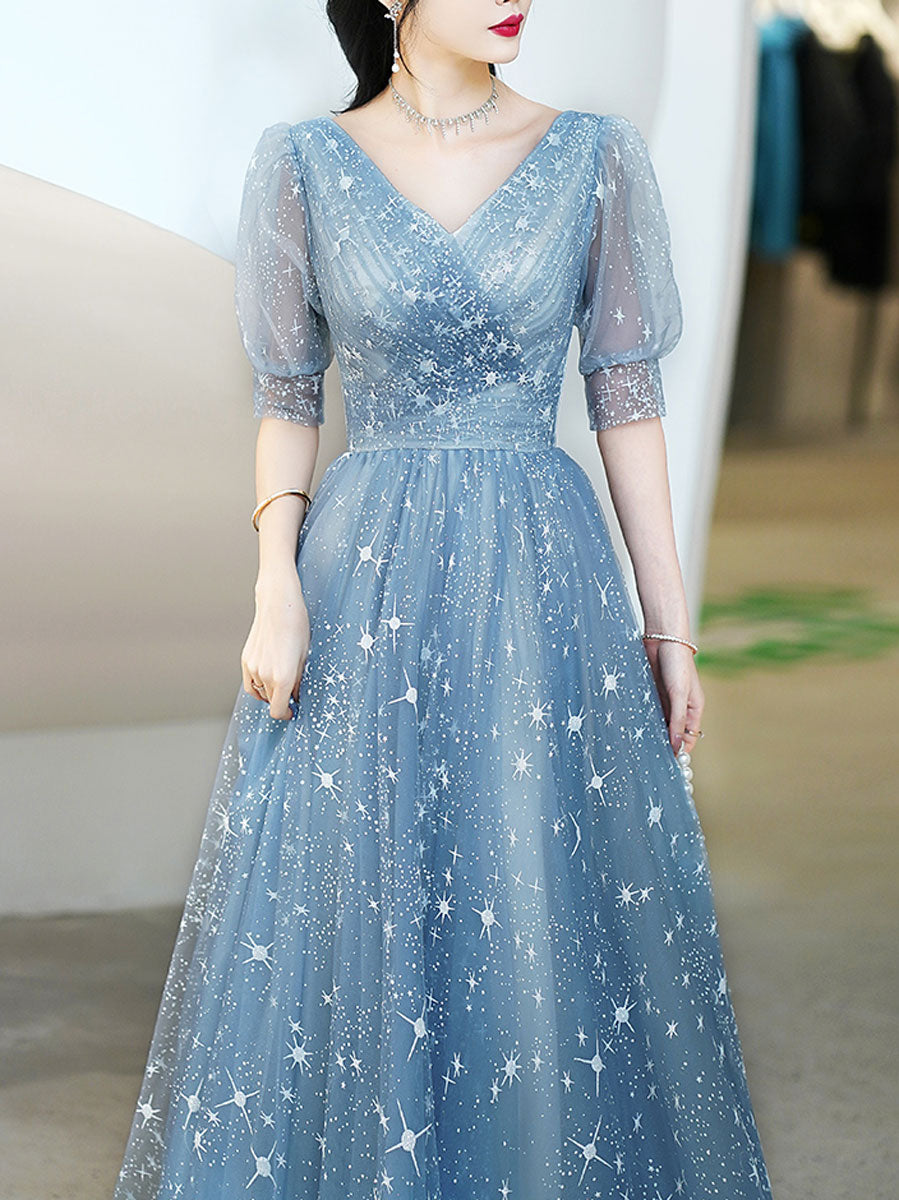 Elegant Blue V-Neck Tulle Long Prom Dress with Star Details - Perfect for Formal Events, Bridesmaid Dresses & Evening Gowns | Homecoming, Wedding, Ball Gown, Special Occasions