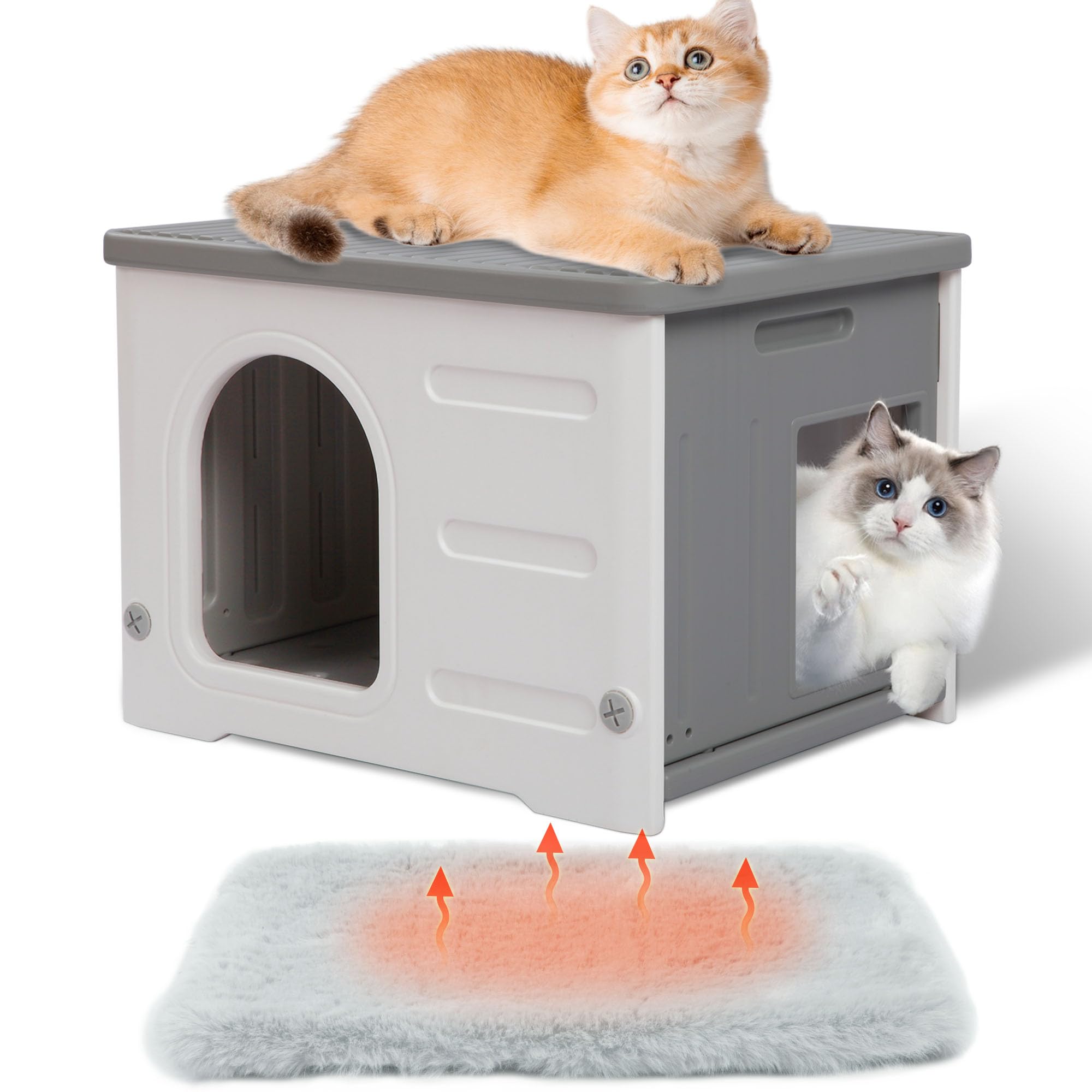 Rockever Waterproof Outdoor Cat House with Escape Door & Bed Mat - Sturdy Indoor/Outdoor Shelter for Feral Cats, Easy Assembly (Grey) - Perfect for Backyard, Garden & Winter Protection