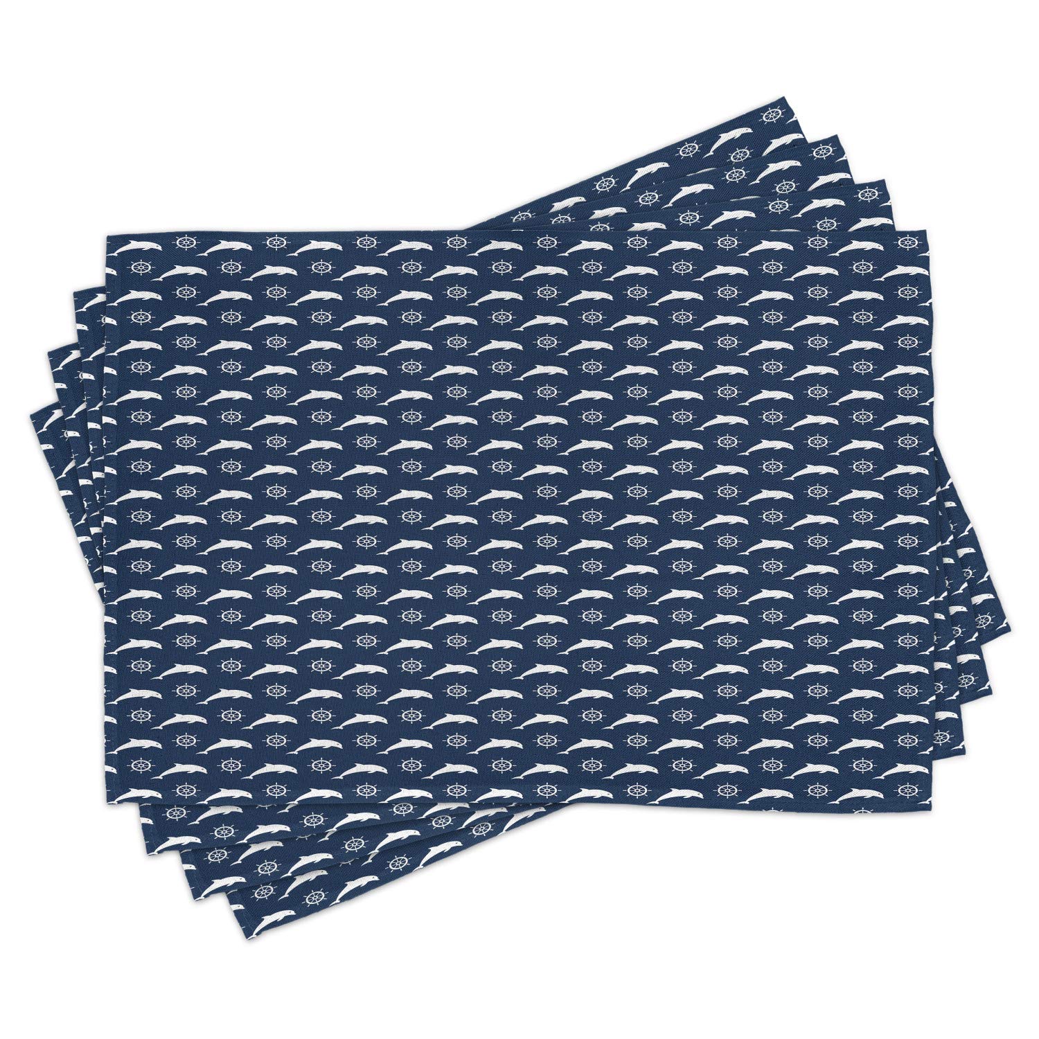 Lunarable Dolphin Place Mats Set of 4 - White Maritime Design with Dolphin Silhouettes & Steering Wheels - Washable Fabric Table Mats for Dining Room - Standard Size Night Blue - Perfect for Beach House Decor, Nautical Theme Parties & Coastal Style Dining