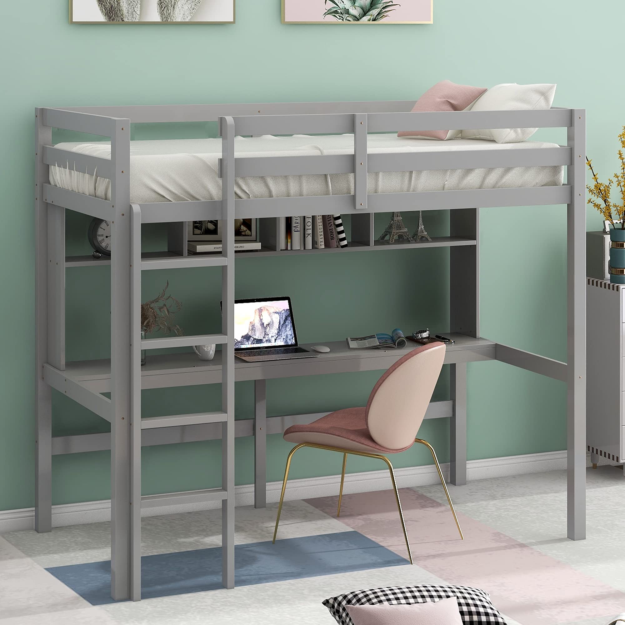 Twin Loft Bed with Desk & Shelves - Space-Saving Gray Loft Bed Frame with Sturdy Ladder - Perfect for Small Bedrooms, Dorms & Kids Rooms
