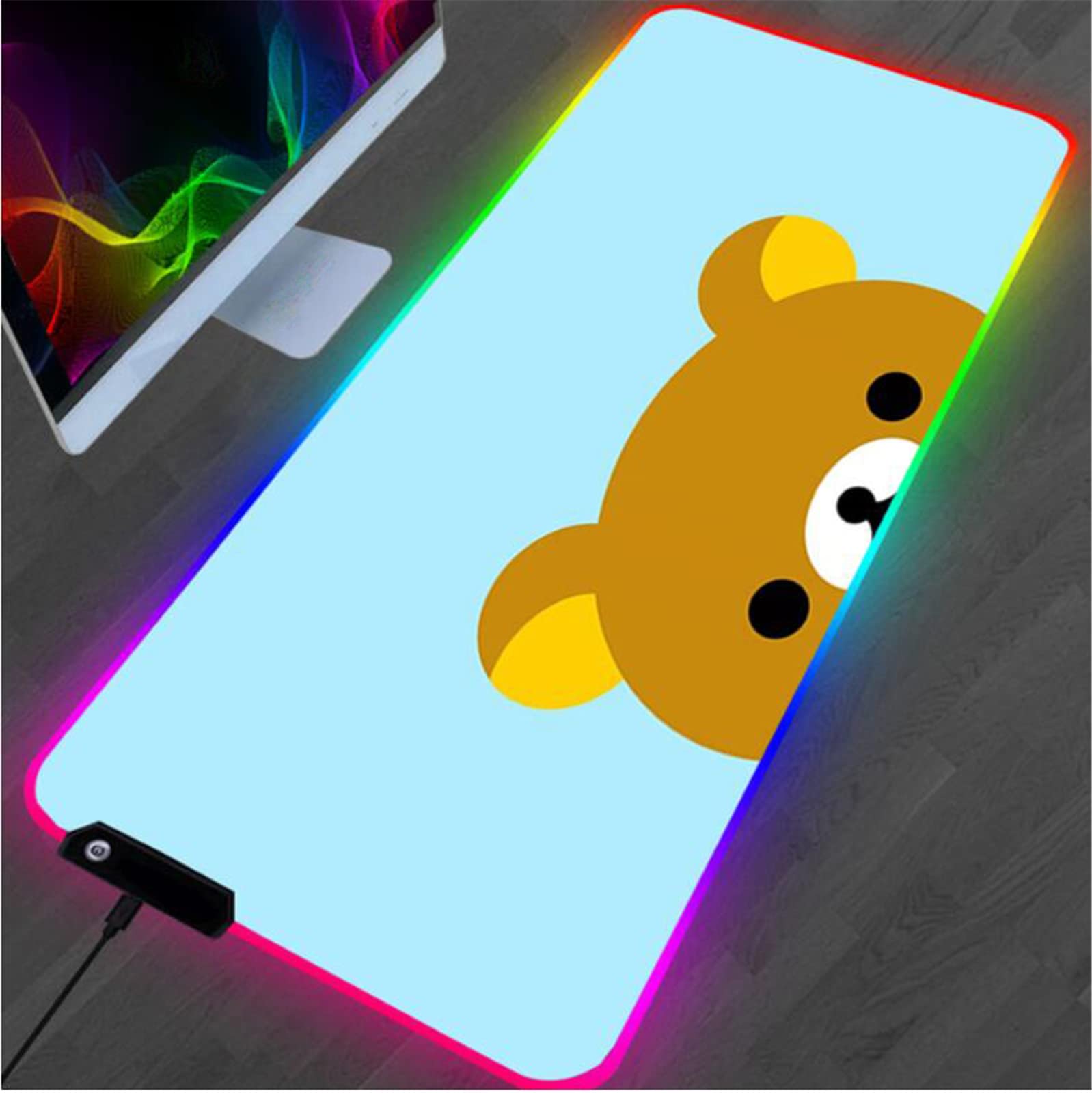 RGB Gaming Mouse Pad with LED Backlight - Cute Cartoon Bear Design, Non-Slip Base, 27.6x11.8 Inches - Perfect for PC Gamers, Anime Lovers & Office Work (Blue Light Up Computer Desk Mat)