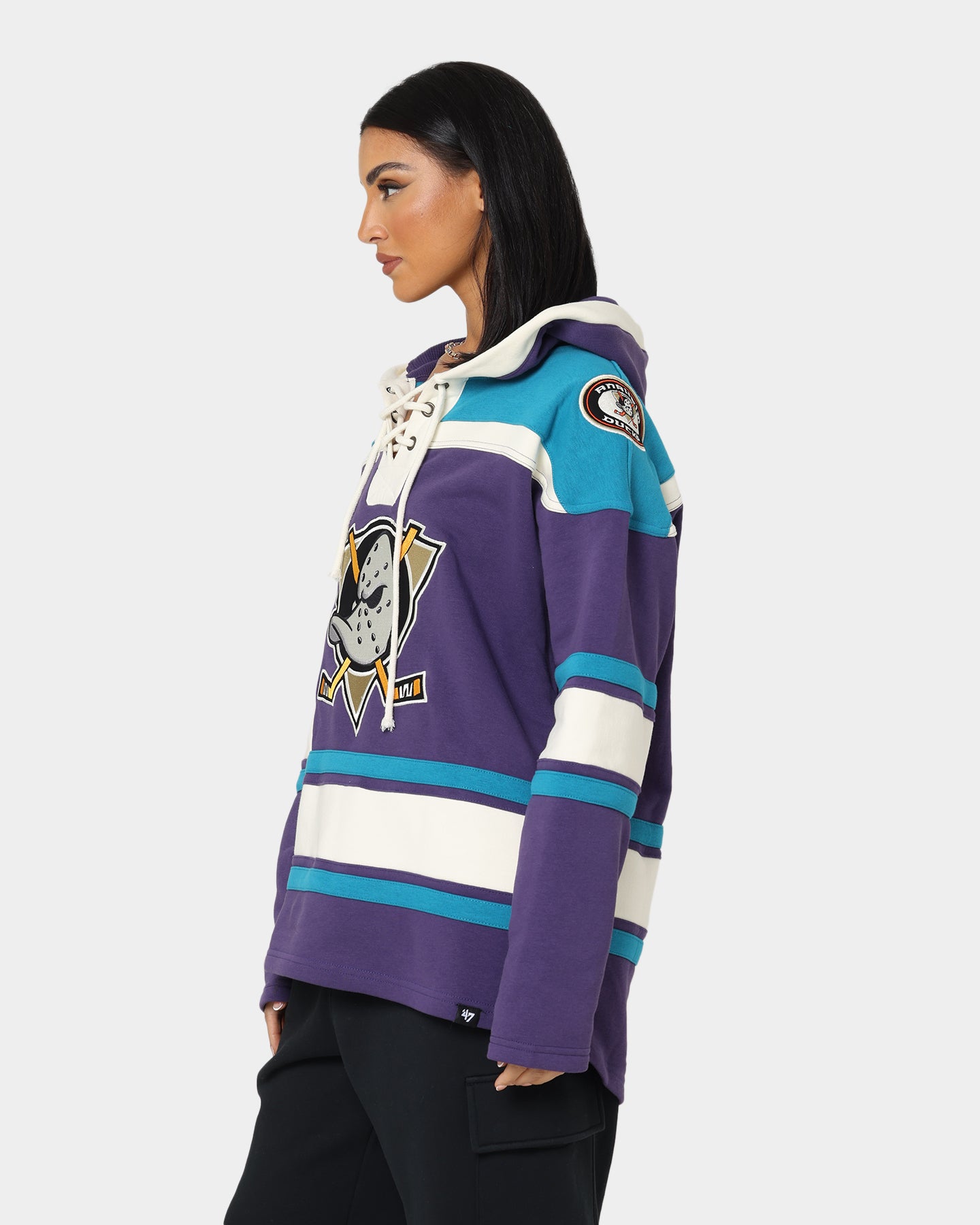 47 Brand Anaheim Ducks Lacer Hoodie - Purple & Sharks Teal NHL Hockey Pullover Sweatshirt for Men - Perfect for Game Day & Casual Wear