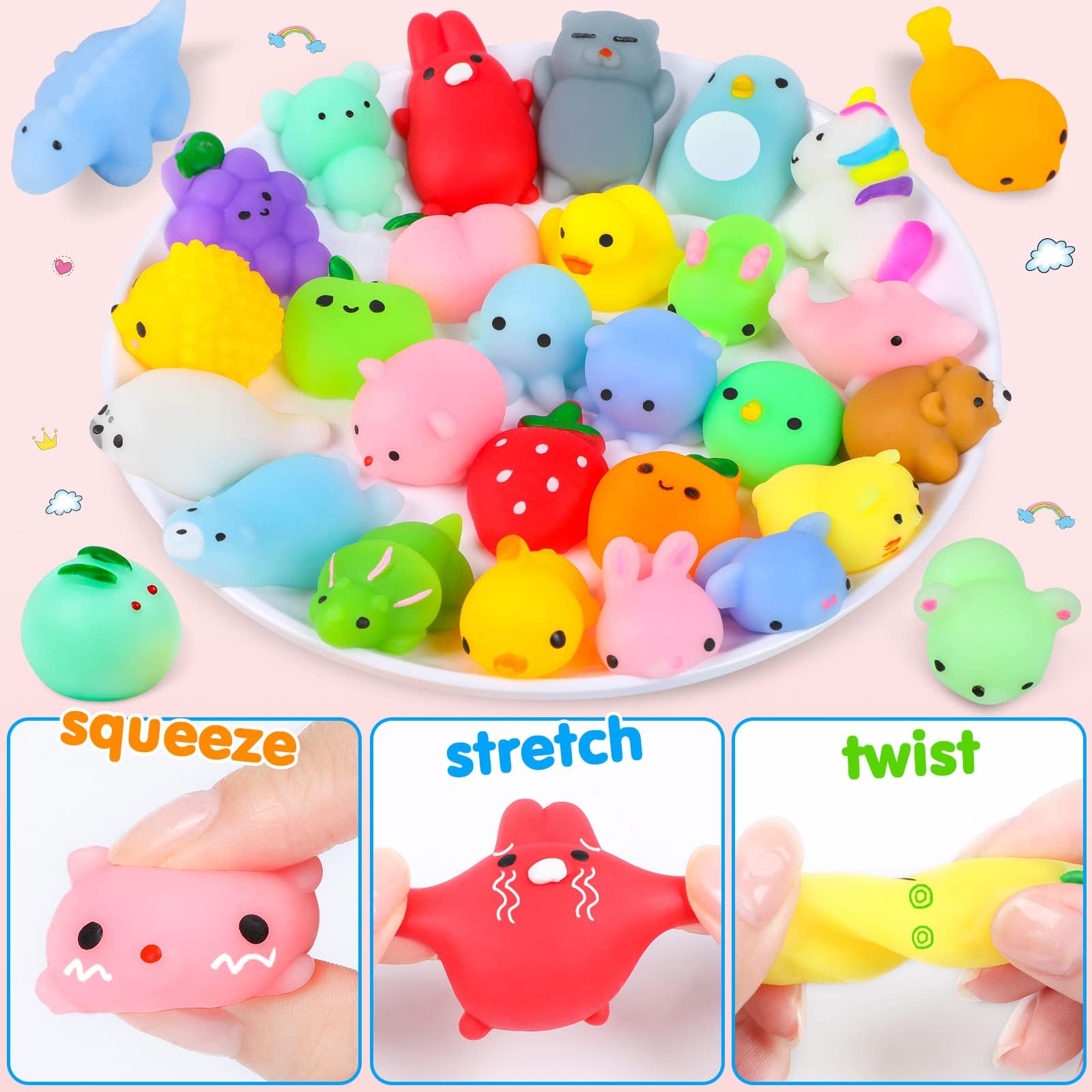 75Pcs Kawaii Squishy Toys for Kids - Stress Relief & Party Favors for Classroom, Birthday Gifts