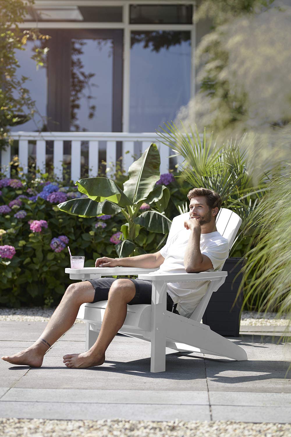 Keter Alpine Adirondack Resin Outdoor Patio Chairs with Cup Holder - Weather-Resistant White Plastic Furniture for Beach, Poolside, Fire Pit & Garden Seating - Perfect for Backyard, Deck & Outdoor Relaxation