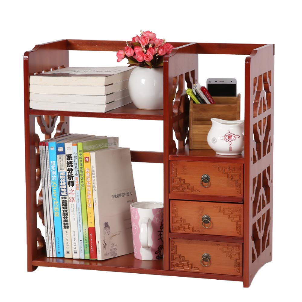 LIULIFE Office Desktop Bookshelf Organizer with Drawers - File Document Storage Rack for Papers, Books & Small Supplies - Perfect for Home Office, Study Desk & Workspace Organization (Red)
