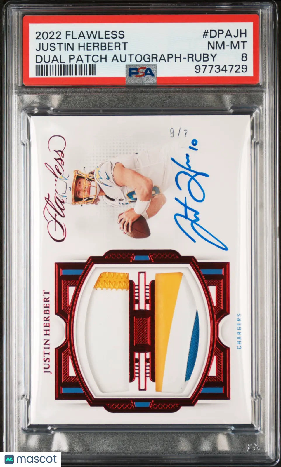 2022 Panini Flawless Justin Herbert Ruby Dual Patch Autographs PSA 8 4/8 - Rare Football Trading Card for Collectors & Sports Memorabilia Enthusiasts - Perfect for Display, Investment & Gifting