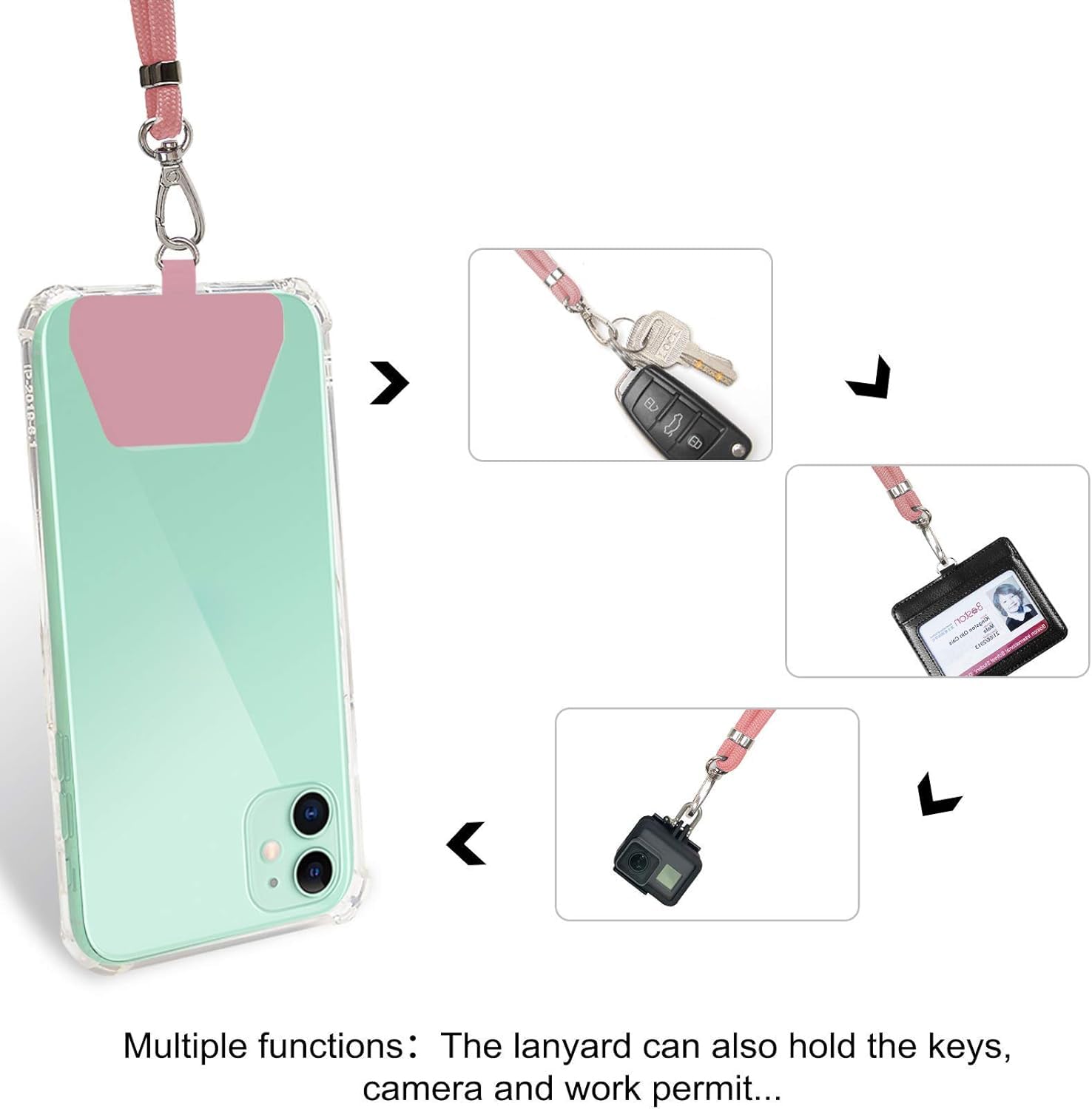 Takyu Adjustable Cell Phone Lanyard Neck Strap - Universal Crossbody Phone Holder for iPhone, Samsung & Most Smartphones - Soft Polyester Strap (Pink) - Perfect for Work, Travel & Outdoor Activities