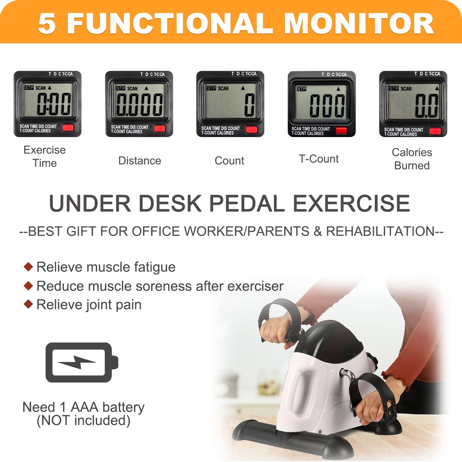 Under Desk Bike Pedal Exerciser - Portable Mini Exercise Bike for Leg & Arm Workouts, LCD Display Foot Pedal Exerciser for Seniors & Office Workers - Perfect for Home, Office & Physical Therapy Use