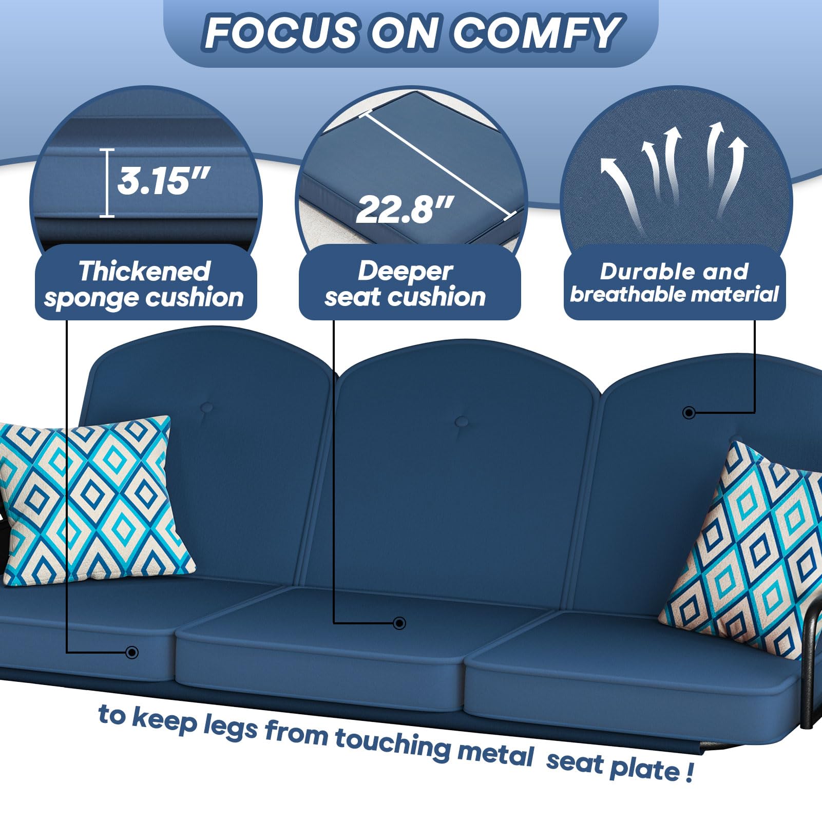3-Seat Outdoor Porch Swing with Stand - 800lb Capacity 2-in-1 Patio Glider Chair with Adjustable Canopy & Removable Cushions - Heavy Duty Steel Frame for Yard, Garden, Deck or Backyard Relaxation (Blue, Round Tube Design)