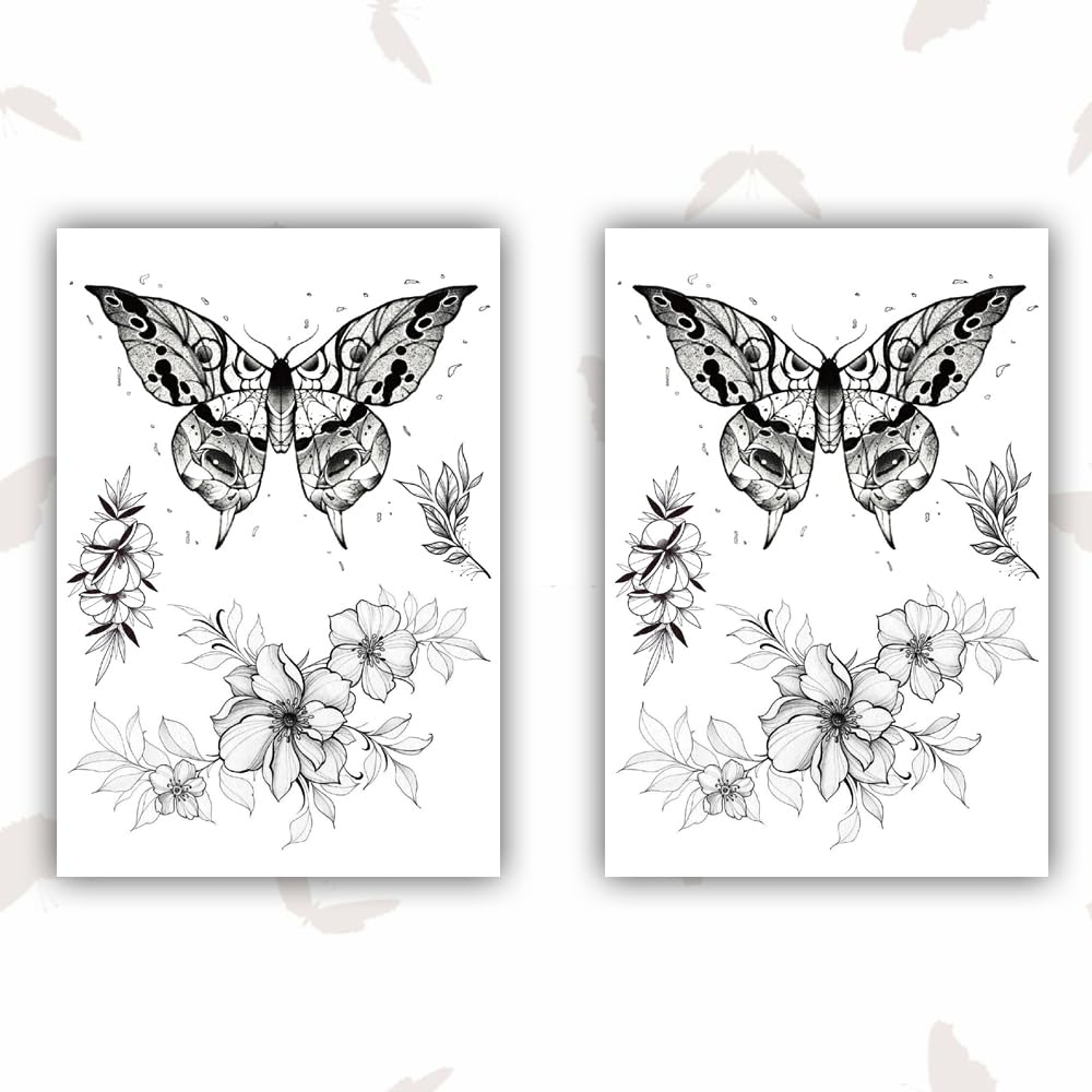 Elegant Black Floral Butterfly Temporary Tattoo Stickers (2PCS) - 22x15cm Waterproof Fake Tattoos for Men & Women - Perfect for Parties, Festivals, and Body Art