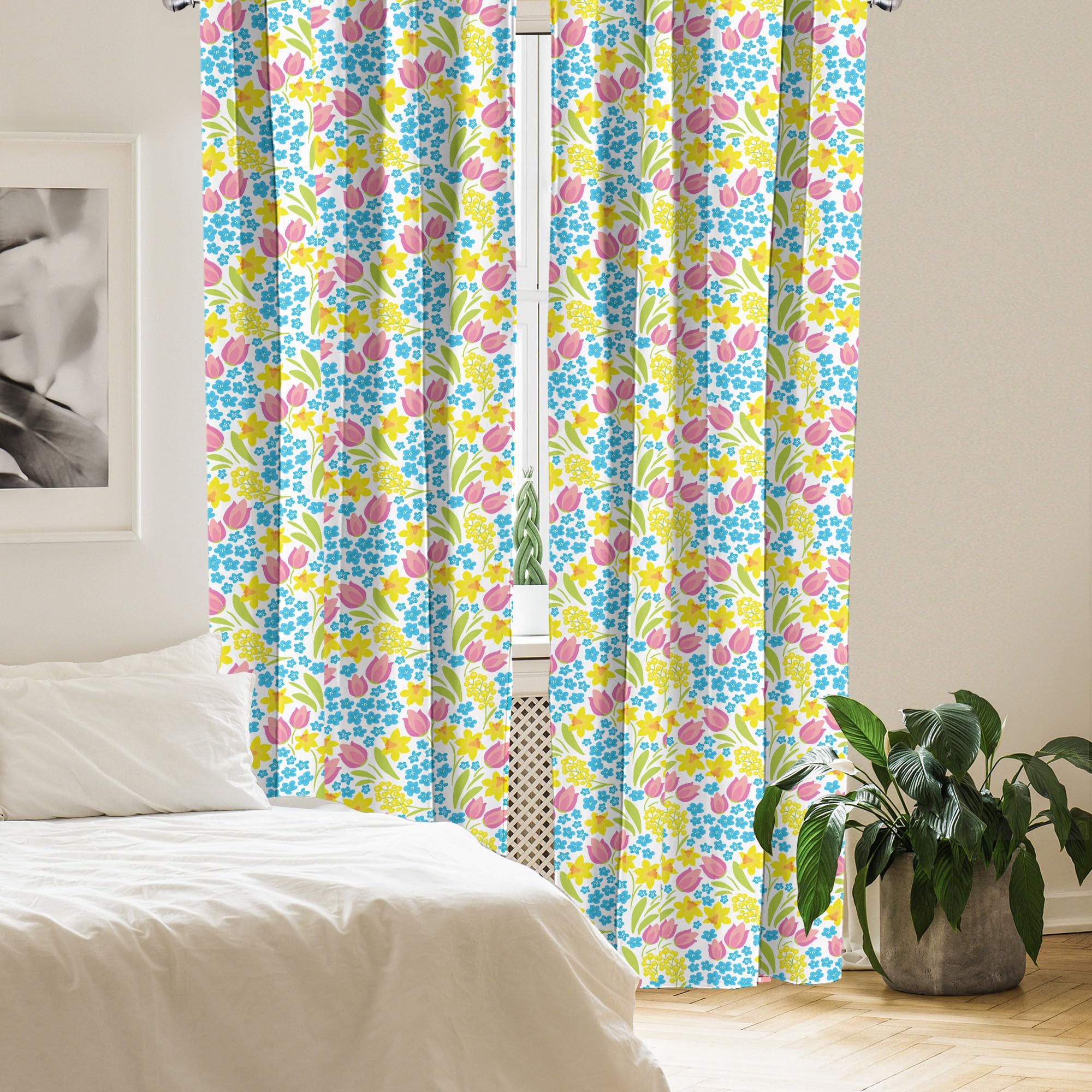 Ambesonne Floral Window Curtains - Spring Meadow Print with Daffodils Tulips & Mimosas, Lightweight 2-Panel Rod Pocket Curtain Set (28x84 inches) in Blue & Pink - Perfect for Living Room, Bedroom & Nursery Decor