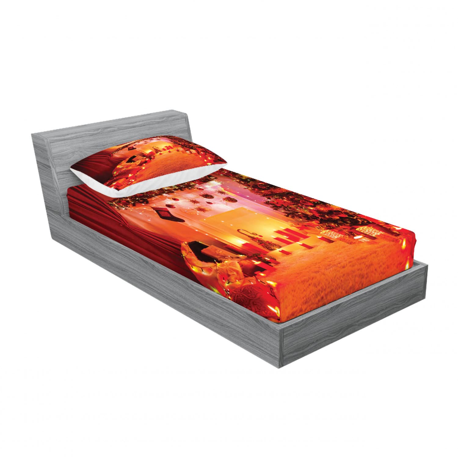 Ambesonne Christmas 2 Pack Twin Fitted Sheet & Pillow Sham Set - Noel New Year Holiday Bedding Decor (4 Piece Set: 2 Fitted Sheets & 2 Pillow Covers) - Orange Festive Design - Perfect for Holiday Guest Rooms, Christmas Decorations & Winter Bedroom Makeover